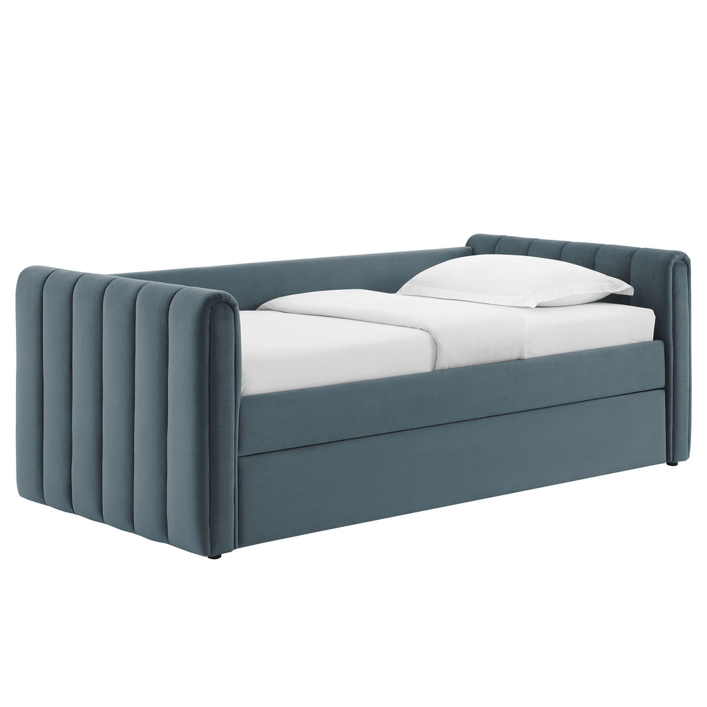 Veyla Channel Tufted Performance Velvet Twin Daybed With Trundle - Cadet Blue