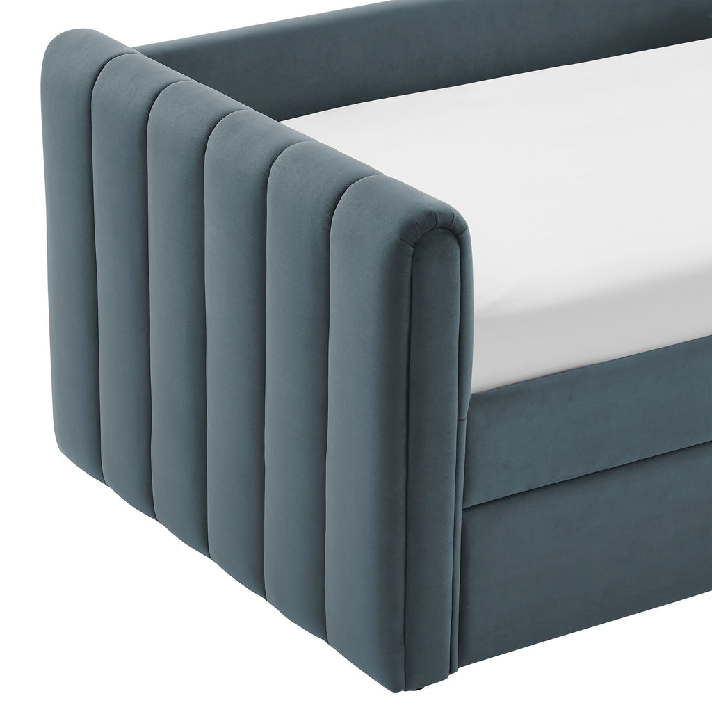 Veyla Channel Tufted Performance Velvet Twin Daybed With Trundle - Cadet Blue