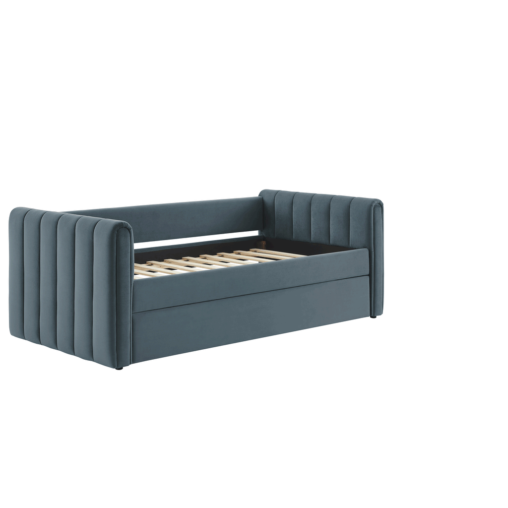 Veyla Channel Tufted Performance Velvet Twin Daybed With Trundle - Cadet Blue