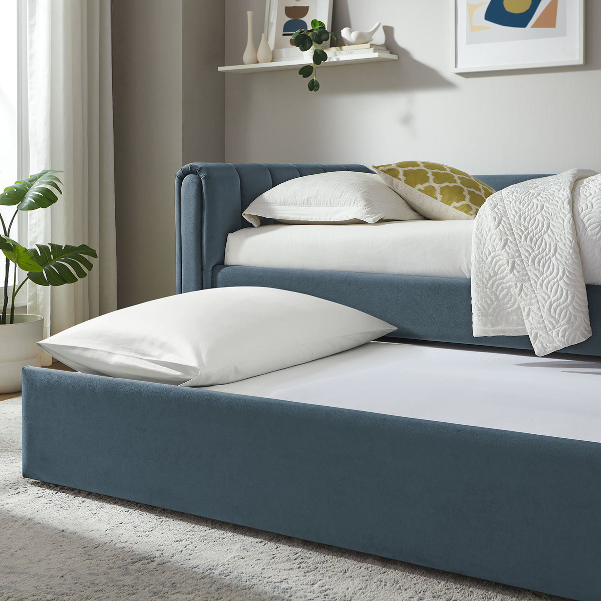 Veyla Channel Tufted Performance Velvet Twin Daybed With Trundle - Cadet Blue