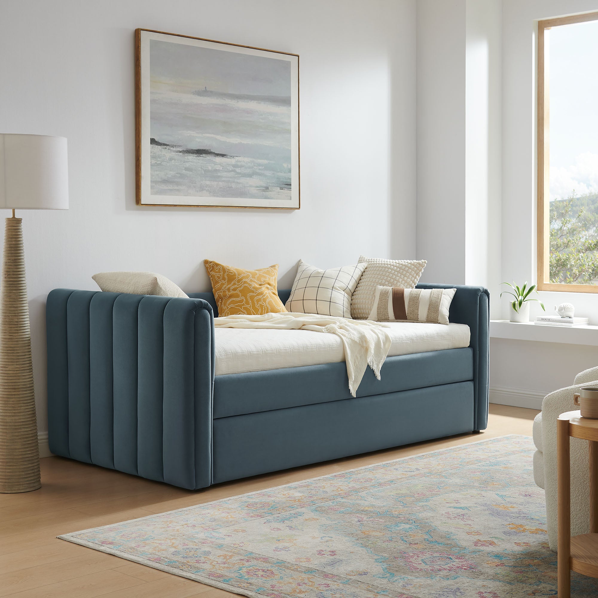 Veyla Channel Tufted Performance Velvet Twin Daybed With Trundle - Cadet Blue