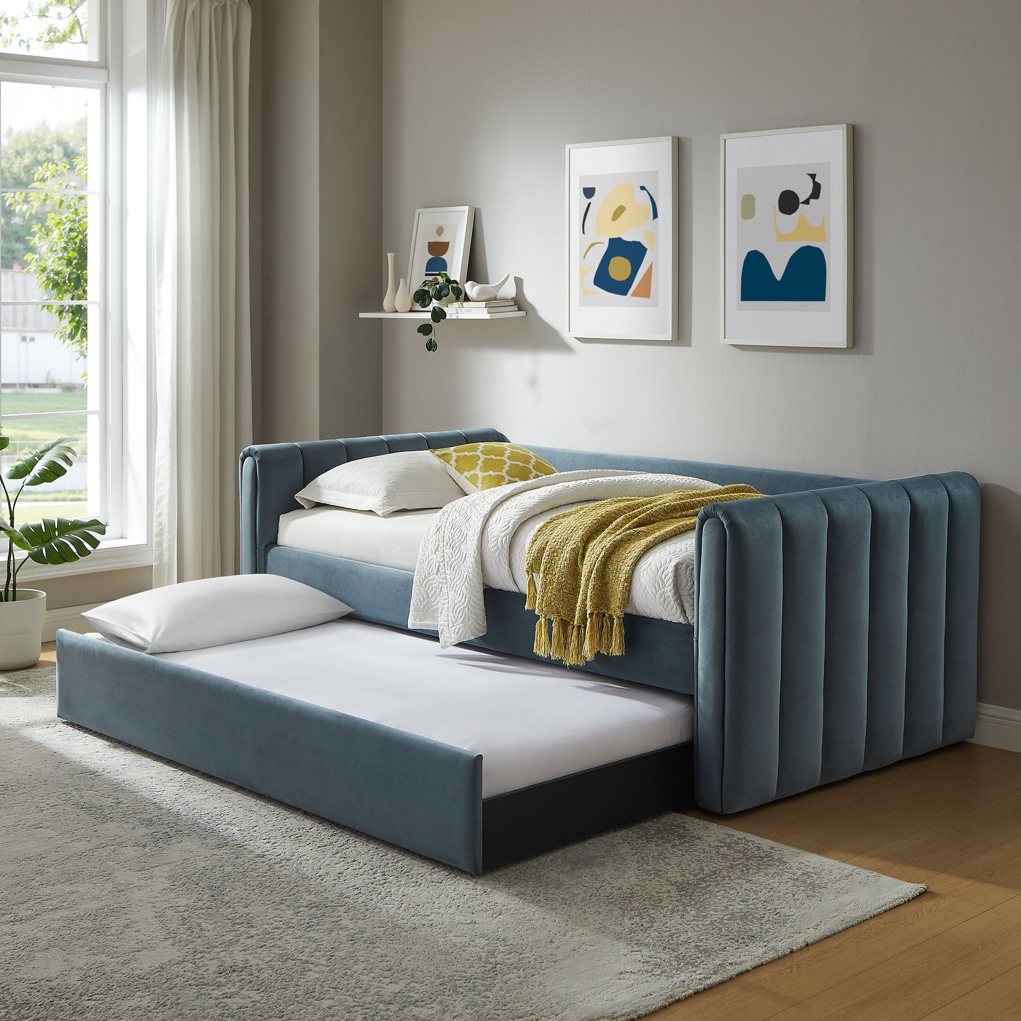 Veyla Channel Tufted Performance Velvet Twin Daybed With Trundle - Cadet Blue