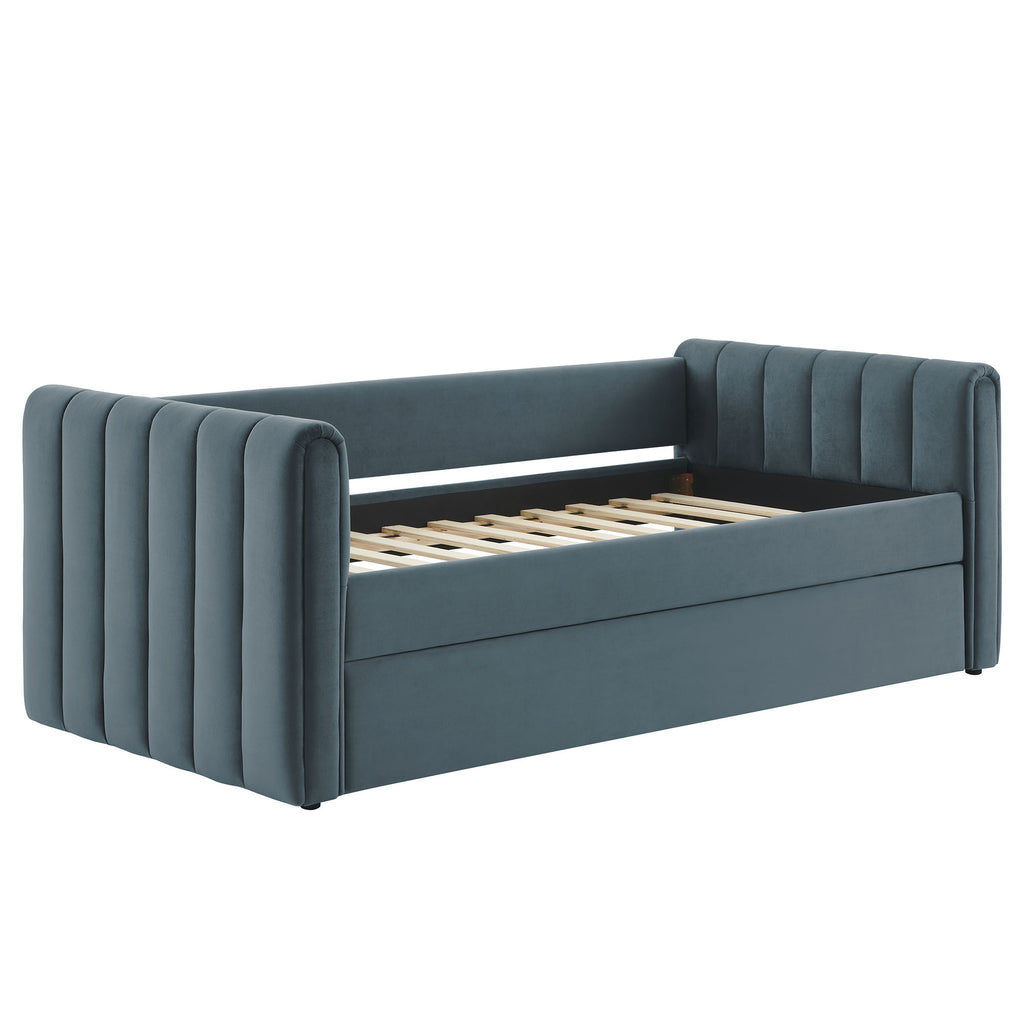 Veyla Channel Tufted Performance Velvet Twin Daybed With Trundle - Cadet Blue