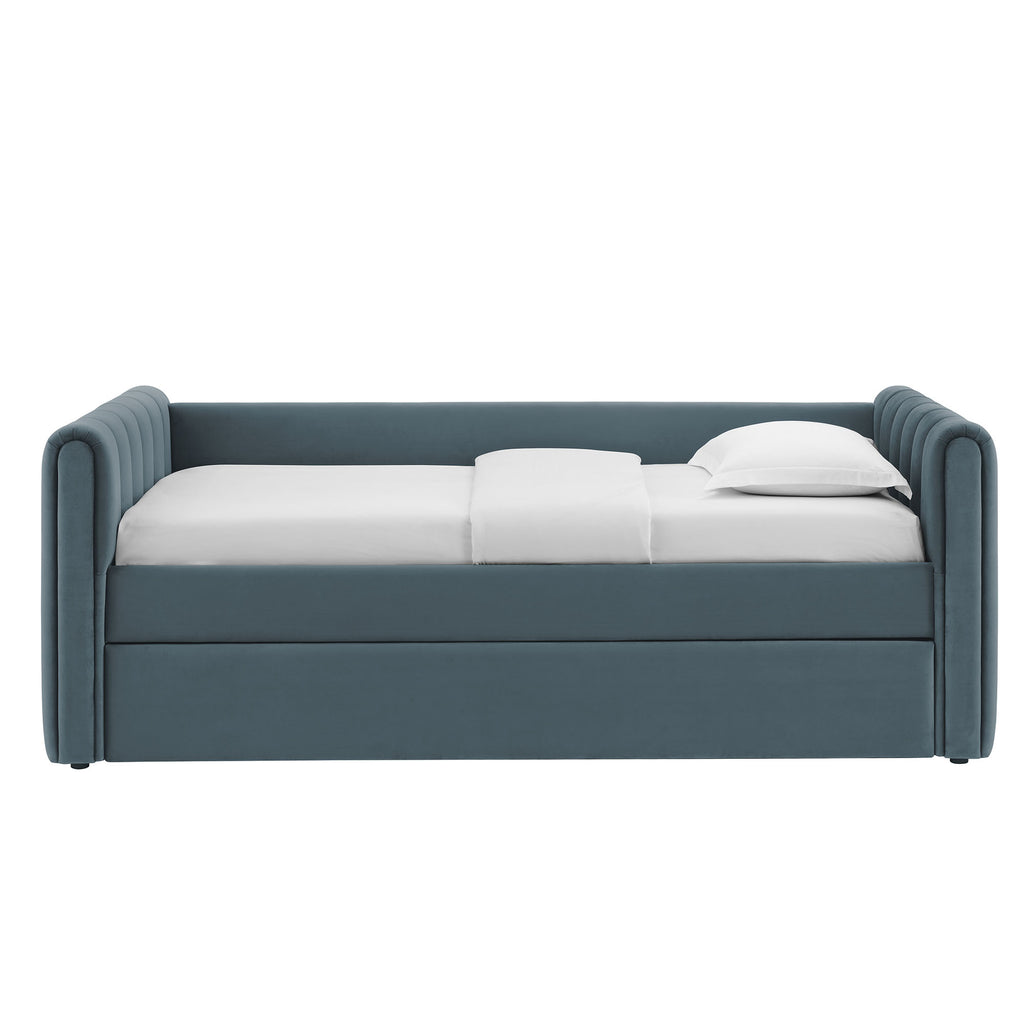 Veyla Channel Tufted Performance Velvet Twin Daybed With Trundle - Cadet Blue