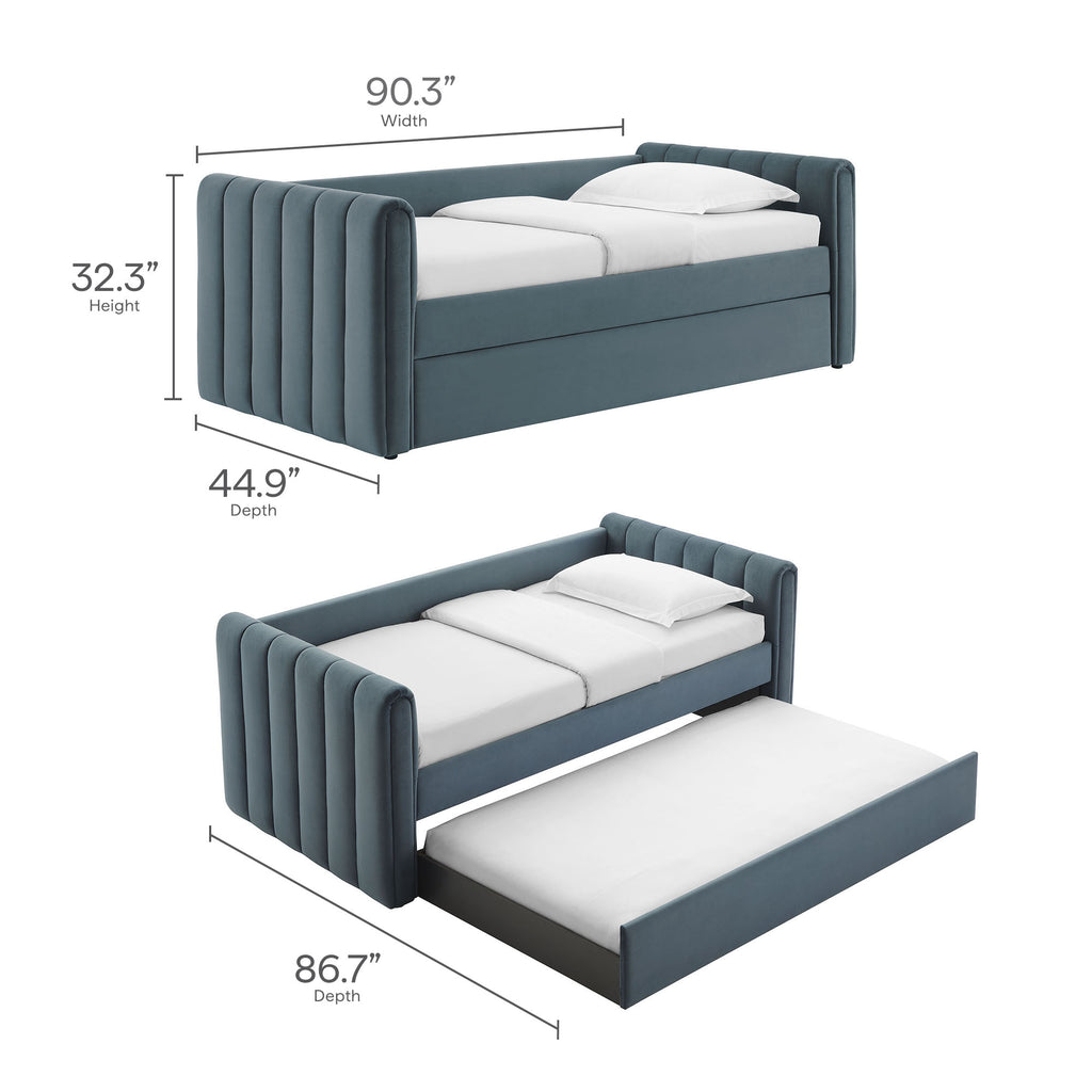 Veyla Channel Tufted Performance Velvet Twin Daybed With Trundle - Cadet Blue