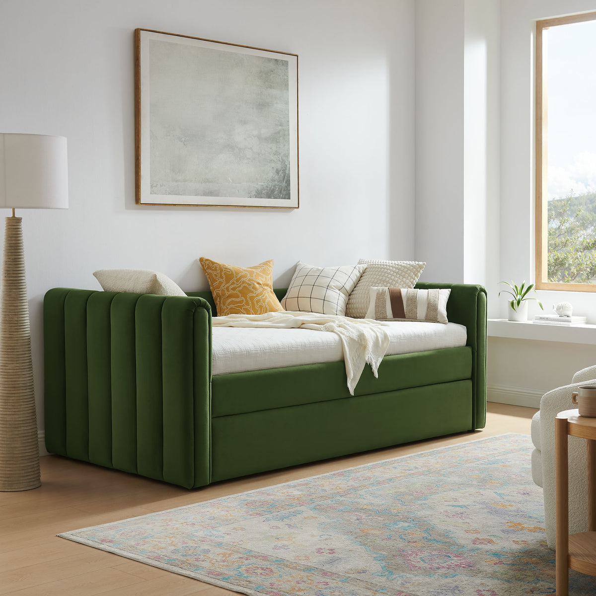 Veyla Channel Tufted Performance Velvet Twin Daybed With Trundle - Moss Green