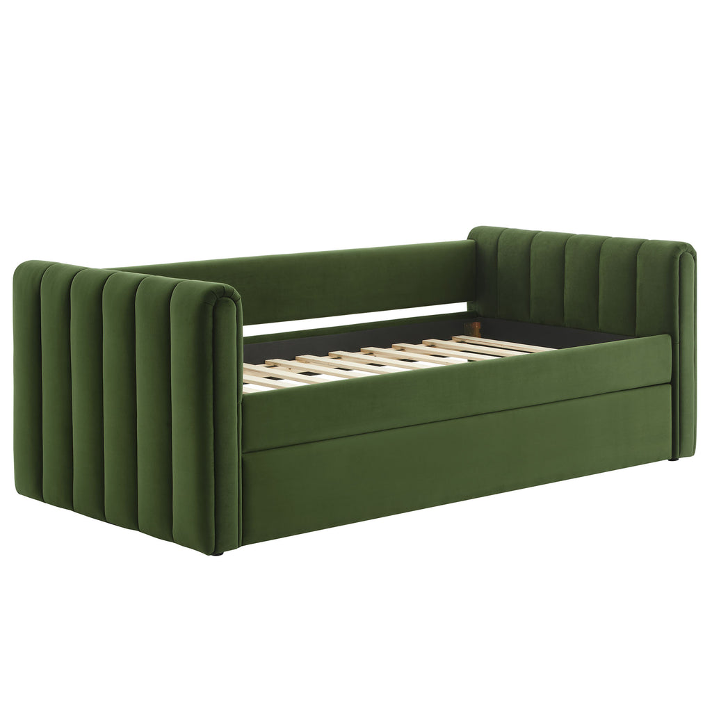 Veyla Channel Tufted Performance Velvet Twin Daybed With Trundle - Moss Green