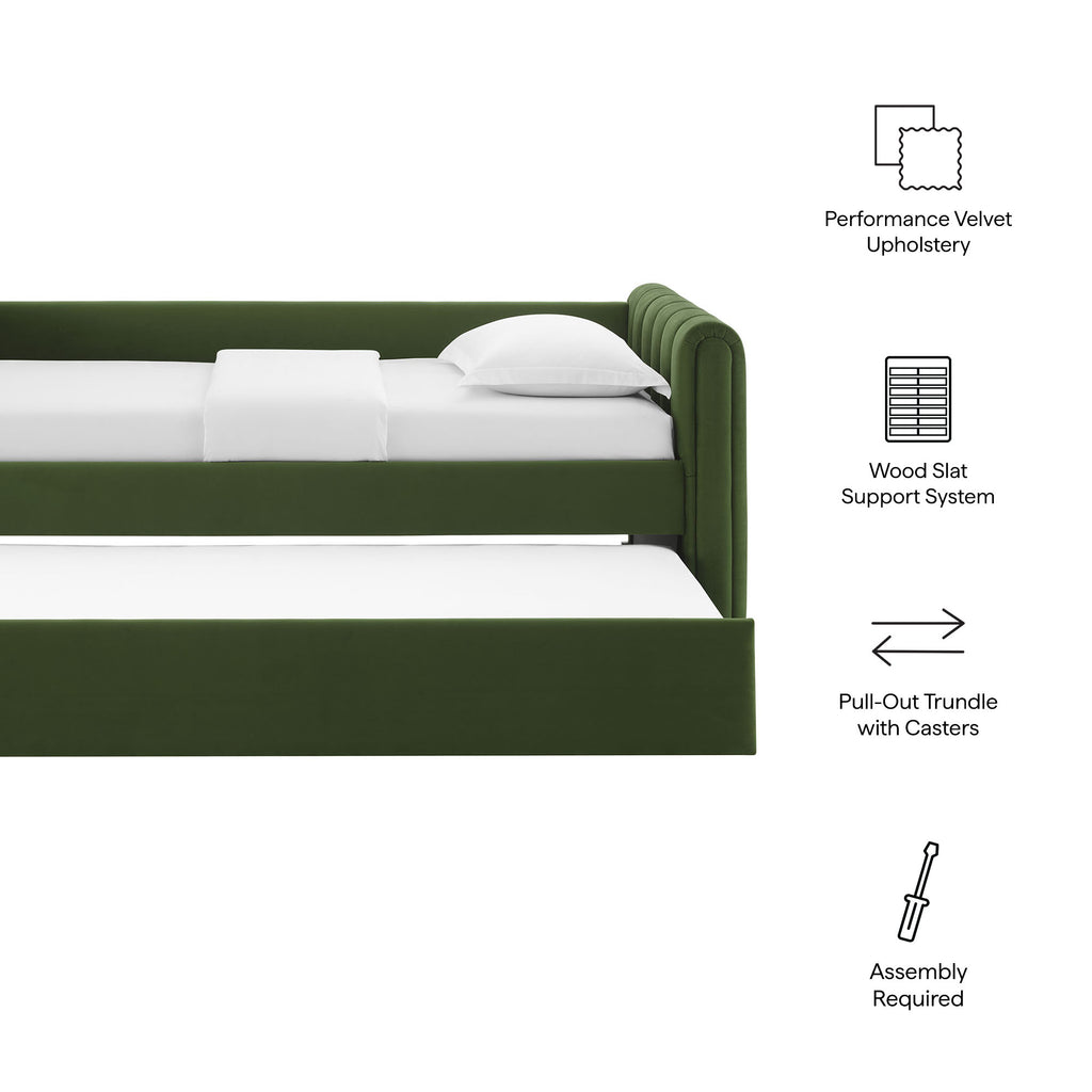 Veyla Channel Tufted Performance Velvet Twin Daybed With Trundle - Moss Green