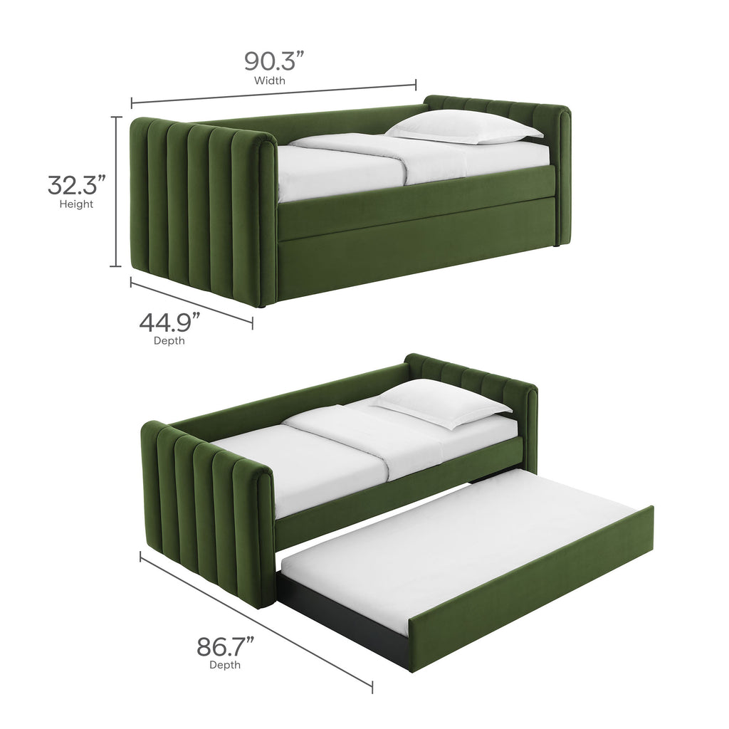 Veyla Channel Tufted Performance Velvet Twin Daybed With Trundle - Moss Green