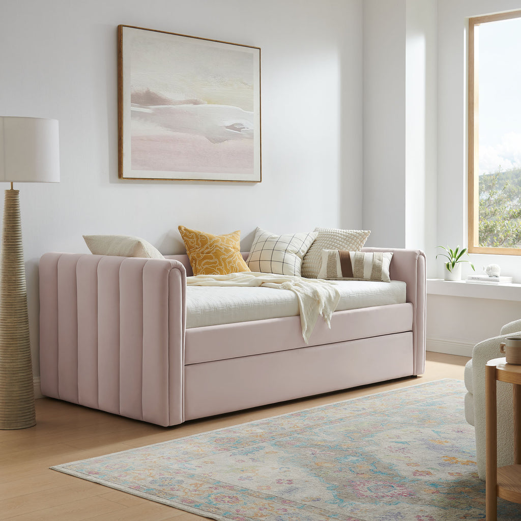 Veyla Channel Tufted Performance Velvet Twin Daybed With Trundle - Pink