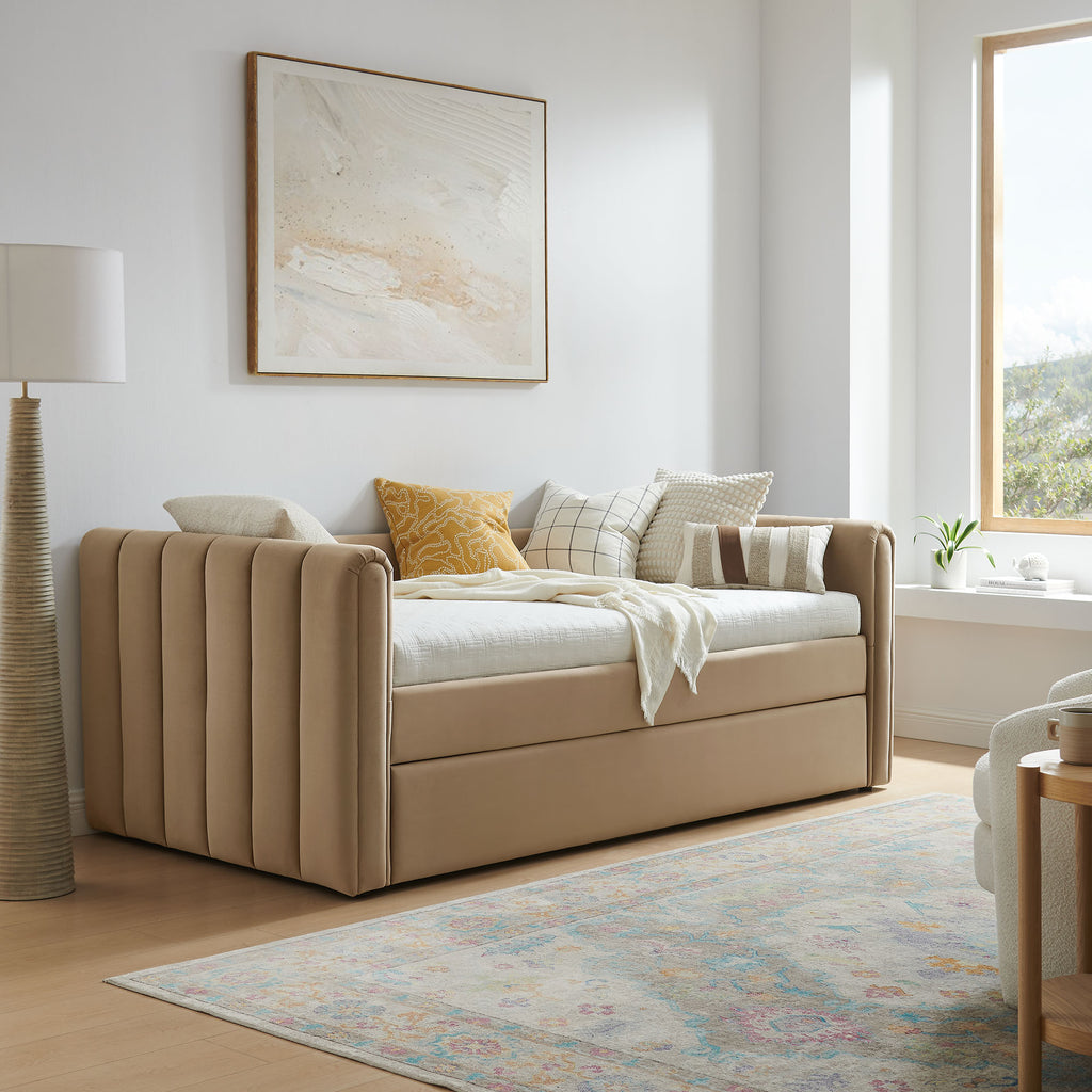 Veyla Channel Tufted Performance Velvet Twin Daybed With Trundle - Taupe