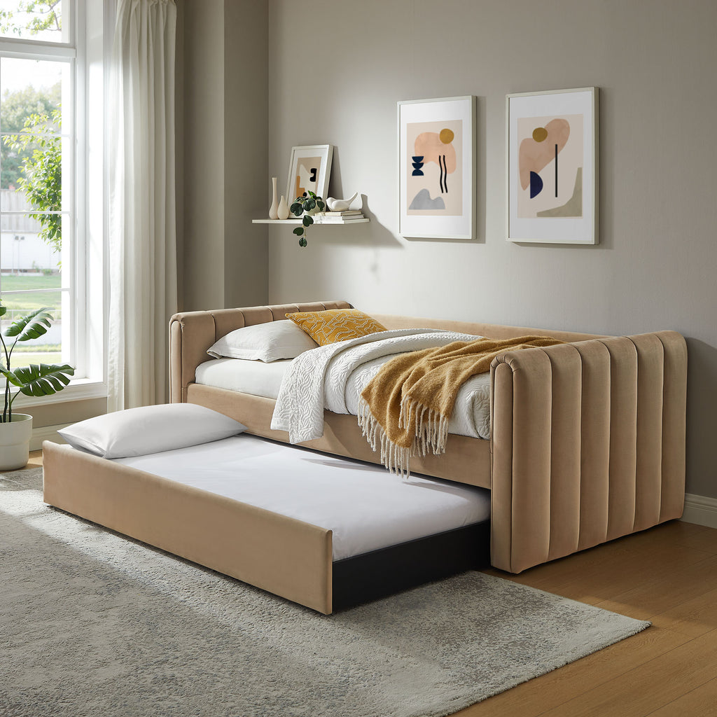 Veyla Channel Tufted Performance Velvet Twin Daybed With Trundle - Taupe