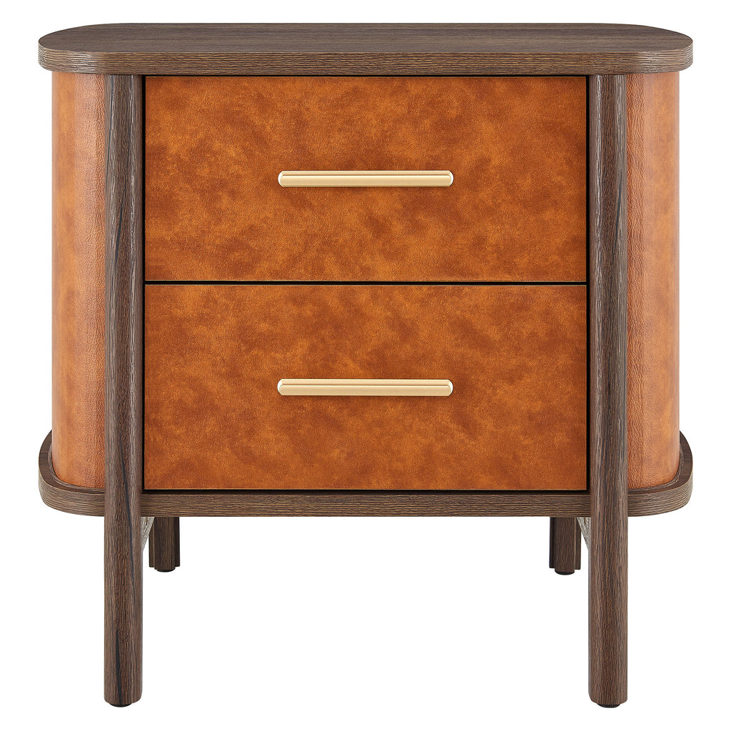 Coralie 2-Drawer Curved Vegan Leather Nightstand - Walnut Tan