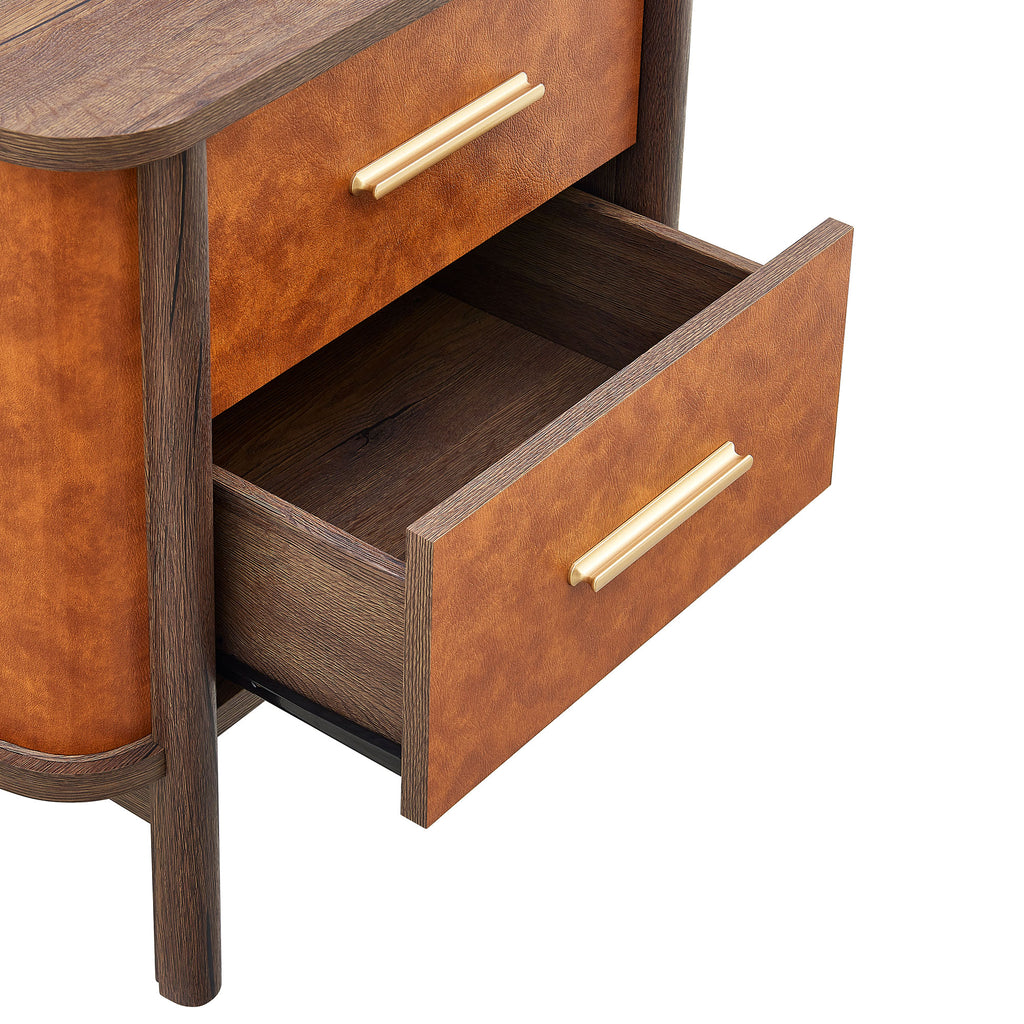 Coralie 2-Drawer Curved Vegan Leather Nightstand - Walnut Tan