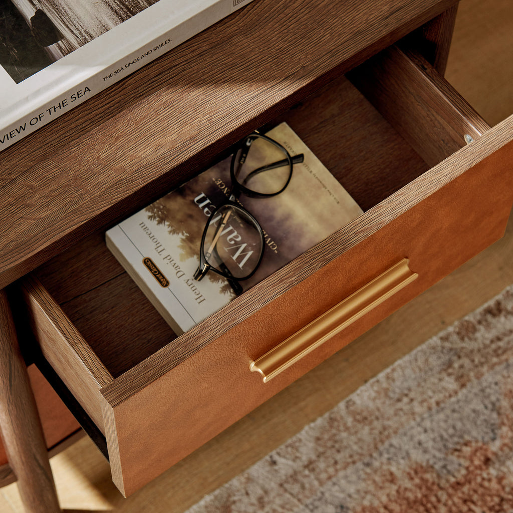 Coralie 2-Drawer Curved Vegan Leather Nightstand - Walnut Tan