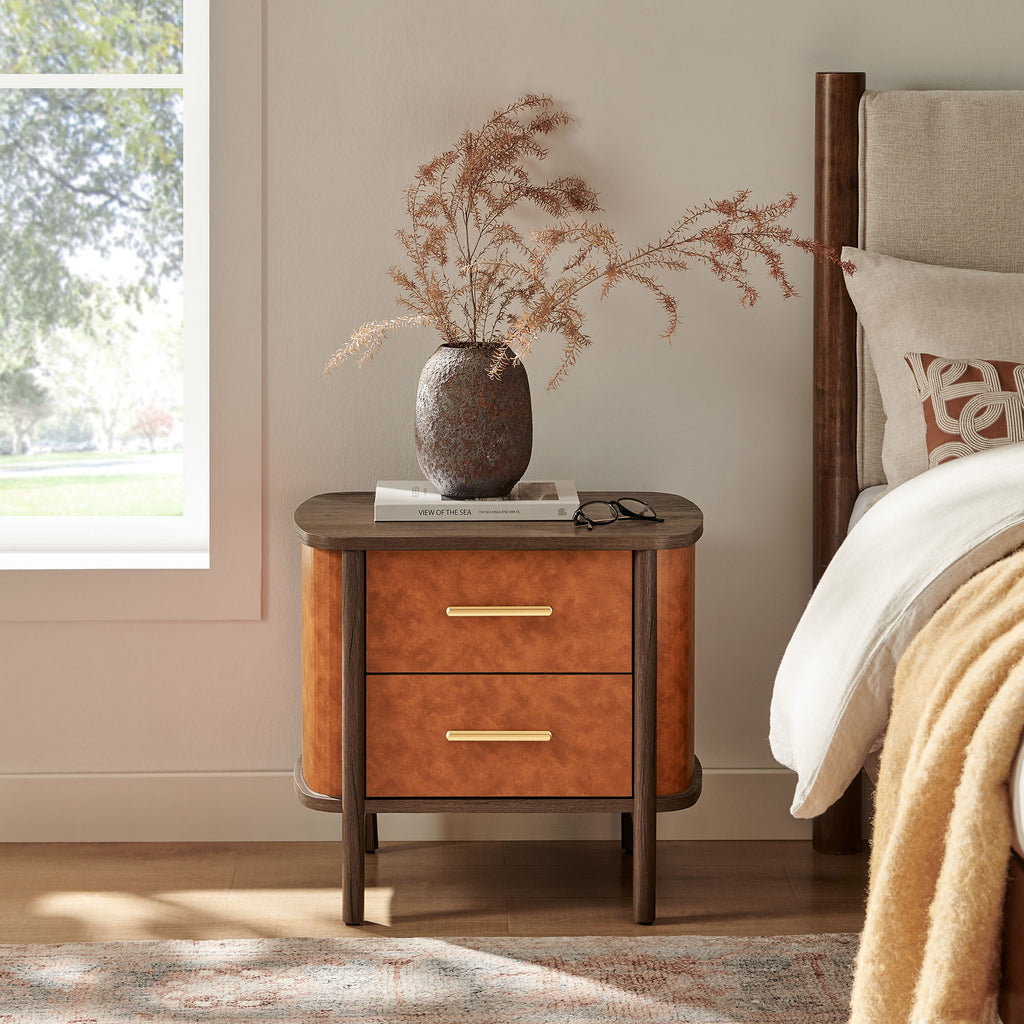 Coralie 2-Drawer Curved Vegan Leather Nightstand - Walnut Tan