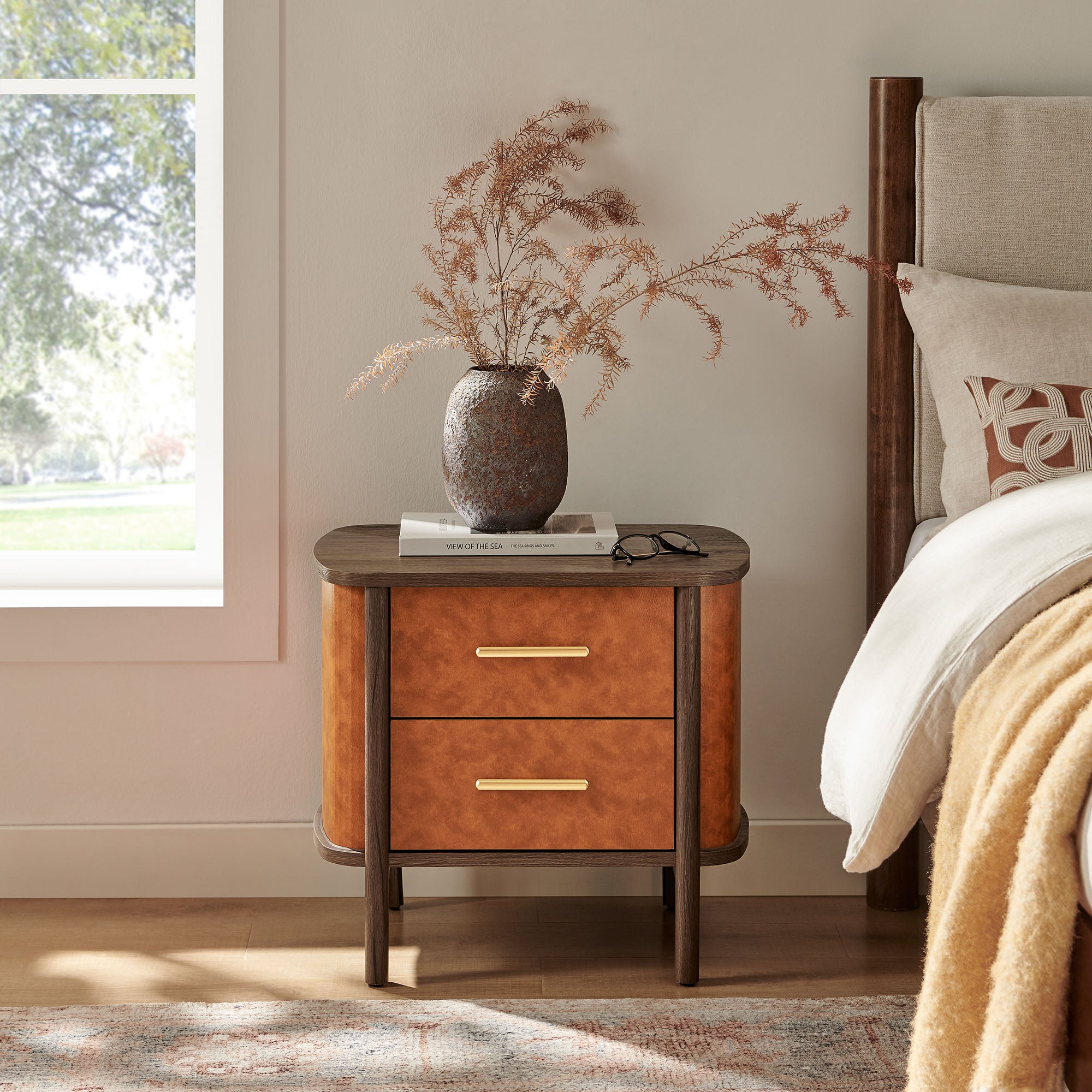 Coralie 2-Drawer Curved Vegan Leather Nightstand - Walnut Tan
