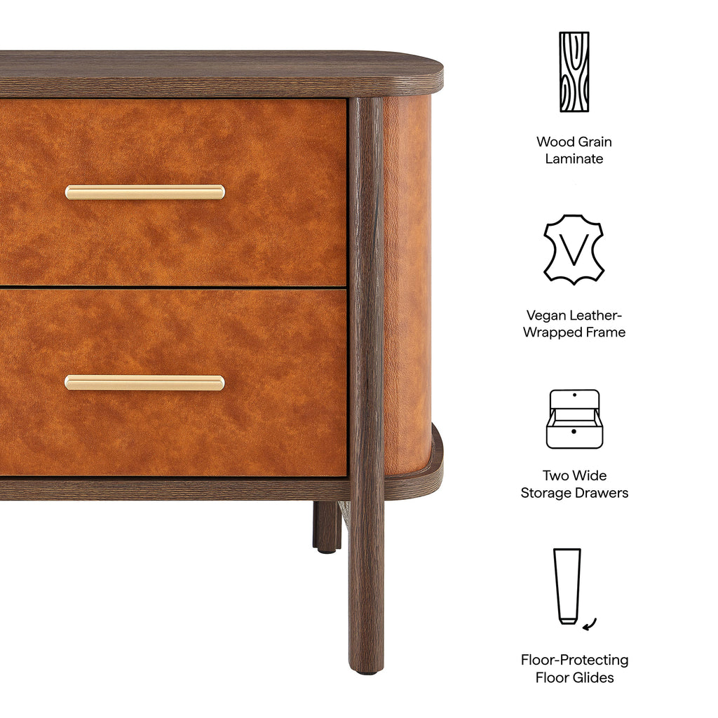 Coralie 2-Drawer Curved Vegan Leather Nightstand - Walnut Tan