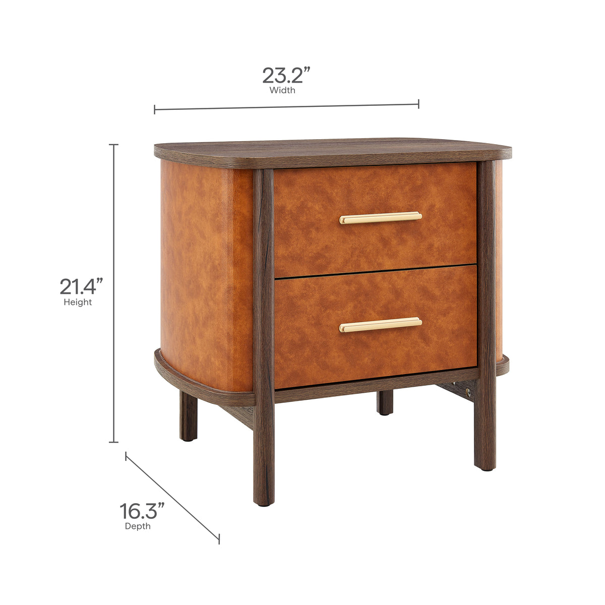 Coralie 2-Drawer Curved Vegan Leather Nightstand - Walnut Tan