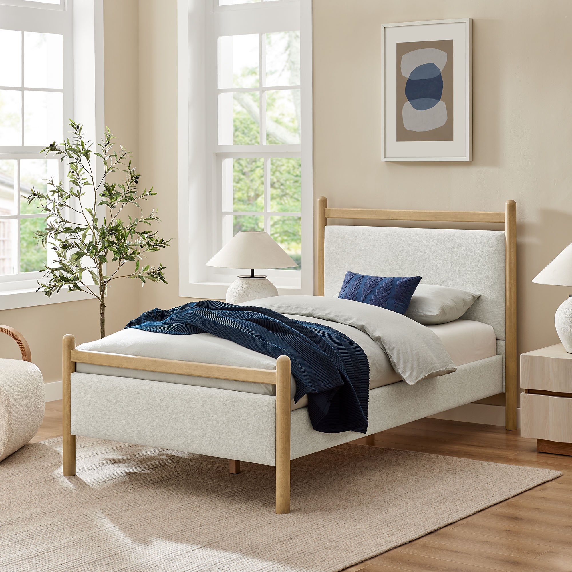 Ginny Twin Size Platform Bed Frame - Light Oak Heathered Ivory