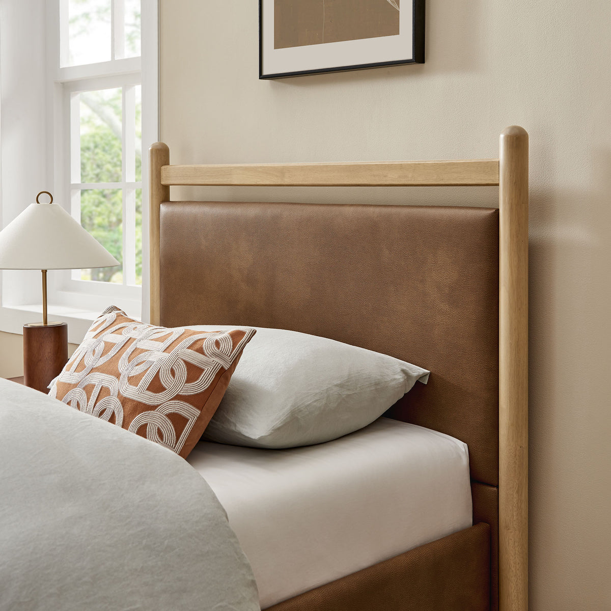 Ginny Twin Size Vegan Leather Platform Bed Frame - Light Oak Canyon