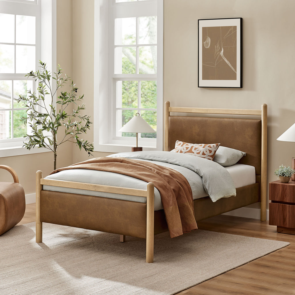 Ginny Twin Size Vegan Leather Platform Bed Frame - Light Oak Canyon