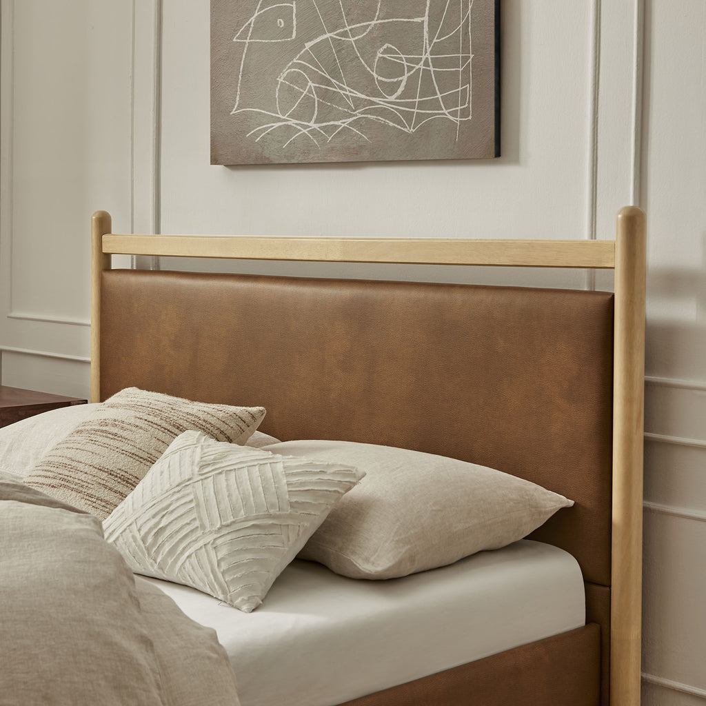 Ginny Queen Size Vegan Leather Platform Bed Frame - Light Oak Canyon