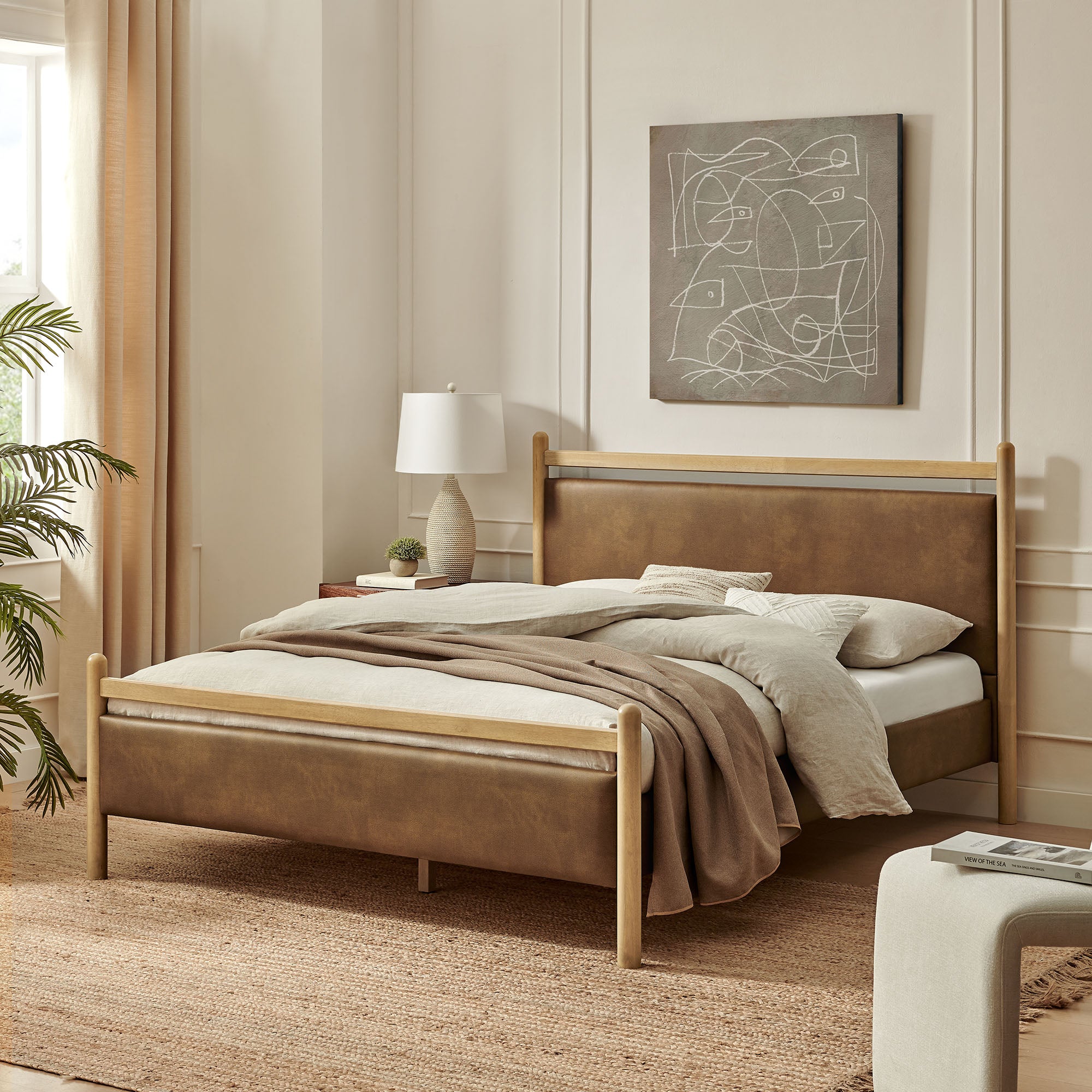 Ginny Queen Size Vegan Leather Platform Bed Frame - Light Oak Canyon