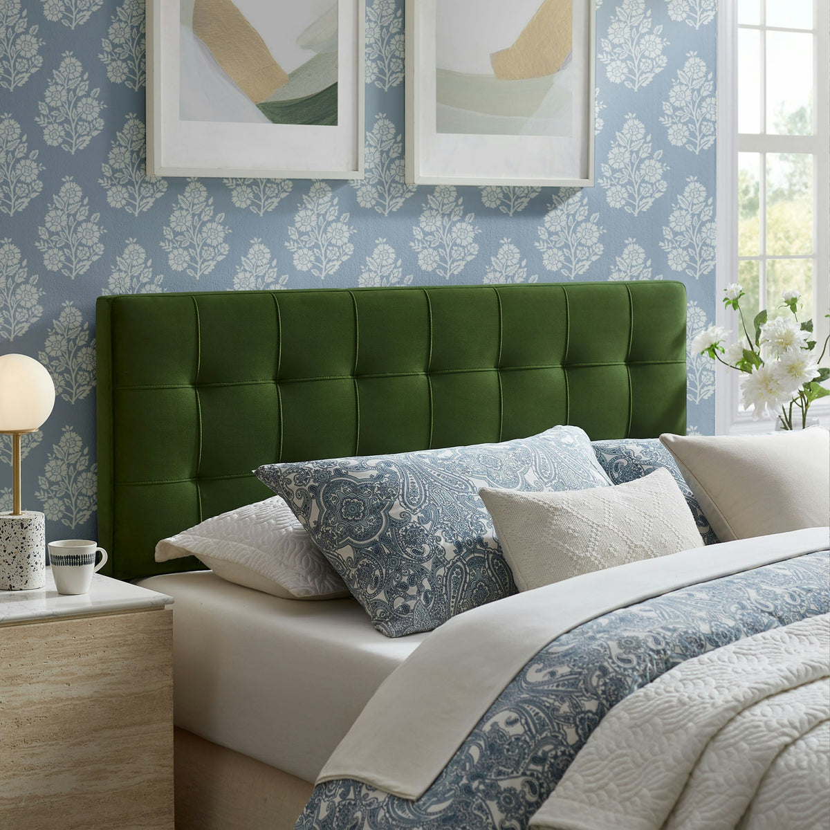 Lily Stain-Resistant Performance Velvet Full Size Headboard - Moss Green