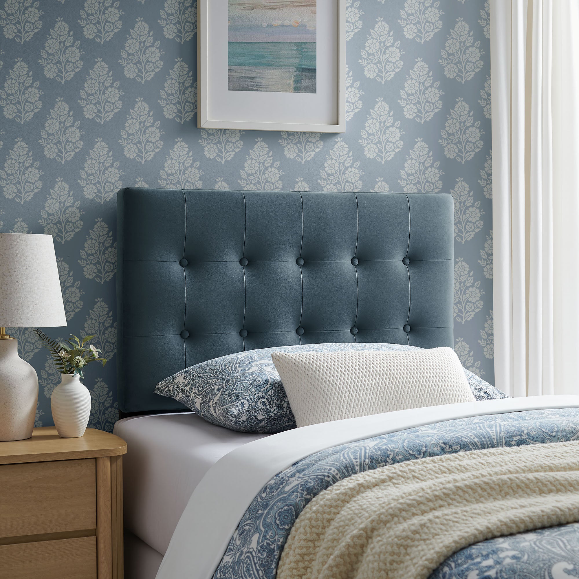 Emily Stain-Resistant Performance Velvet Twin Size Headboard - Cadet Blue
