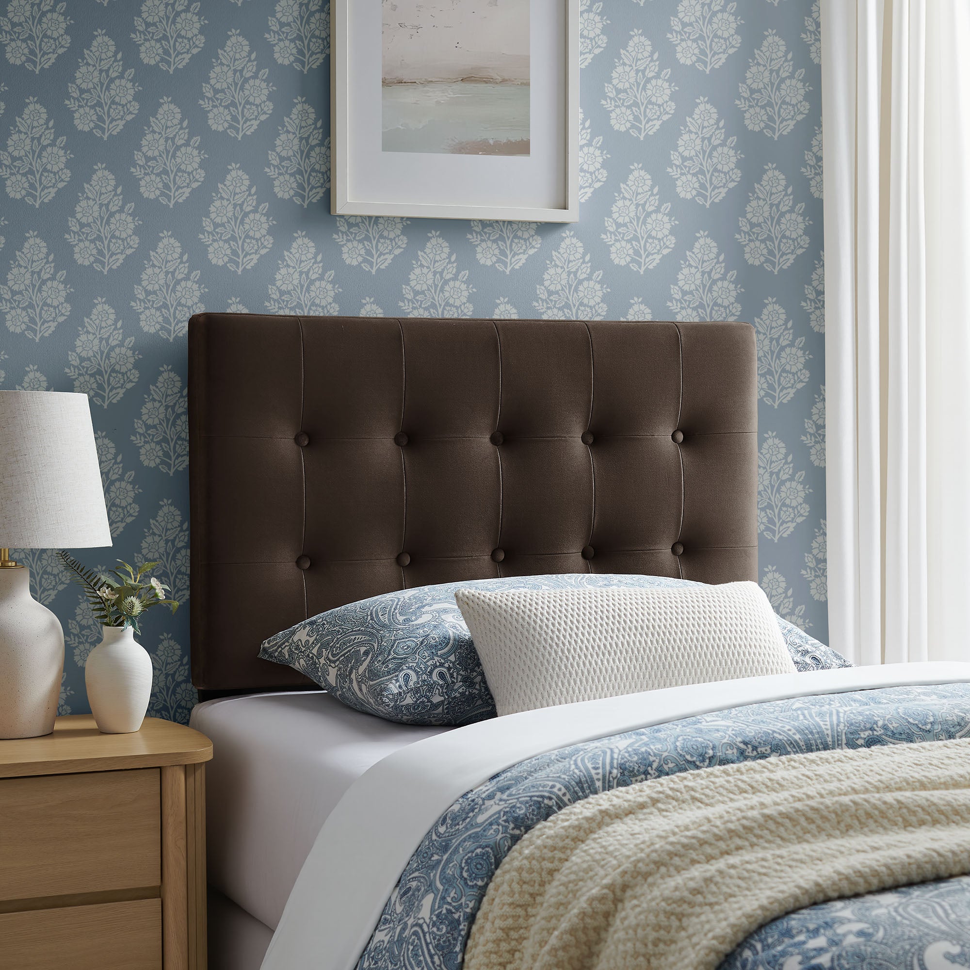 Emily Stain-Resistant Performance Velvet Twin Size Headboard - Chocolate Brown