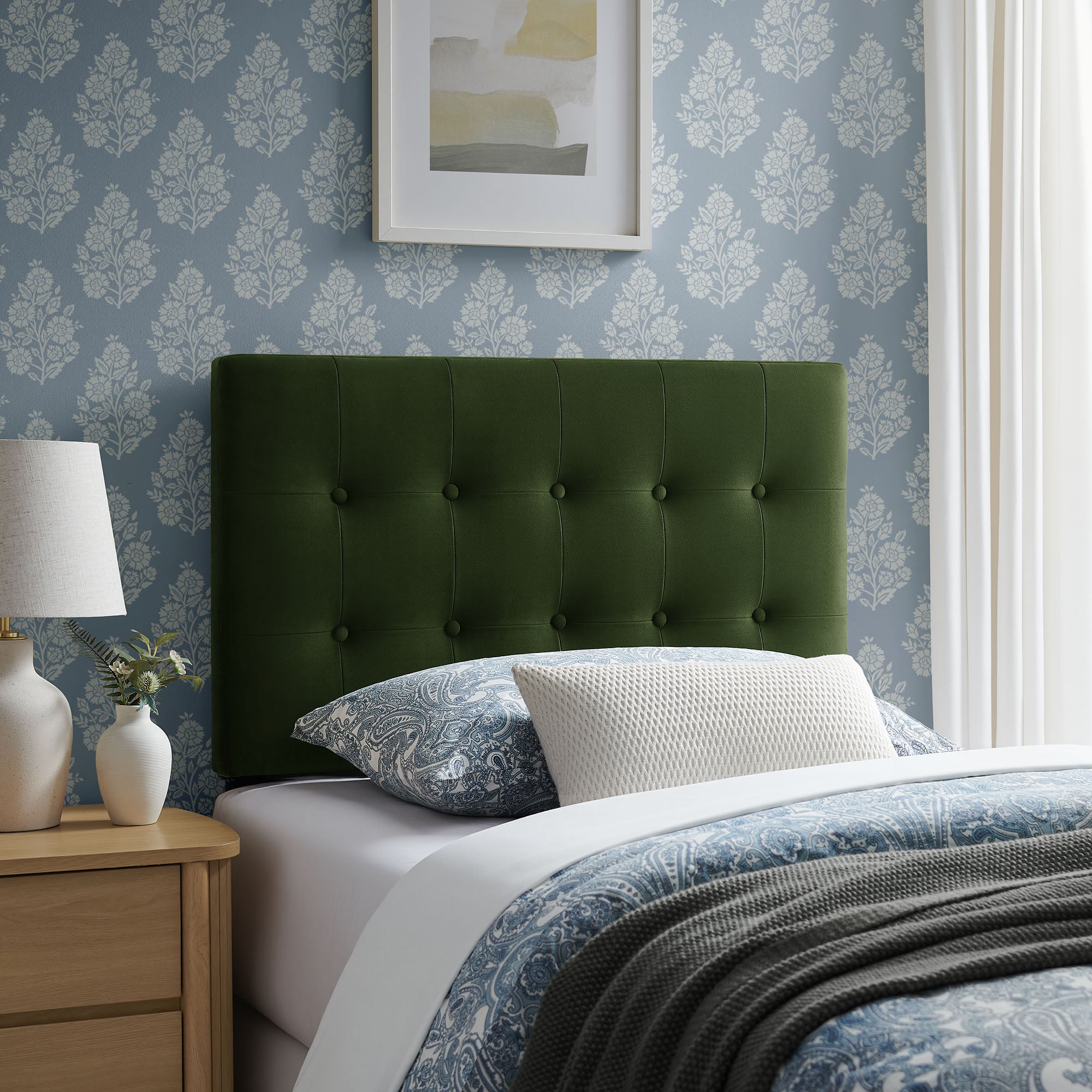 Emily Stain-Resistant Performance Velvet Twin Size Headboard - Moss Green