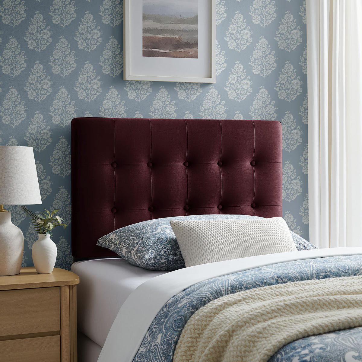 Emily Stain-Resistant Performance Velvet Twin Size Headboard - Mulberry