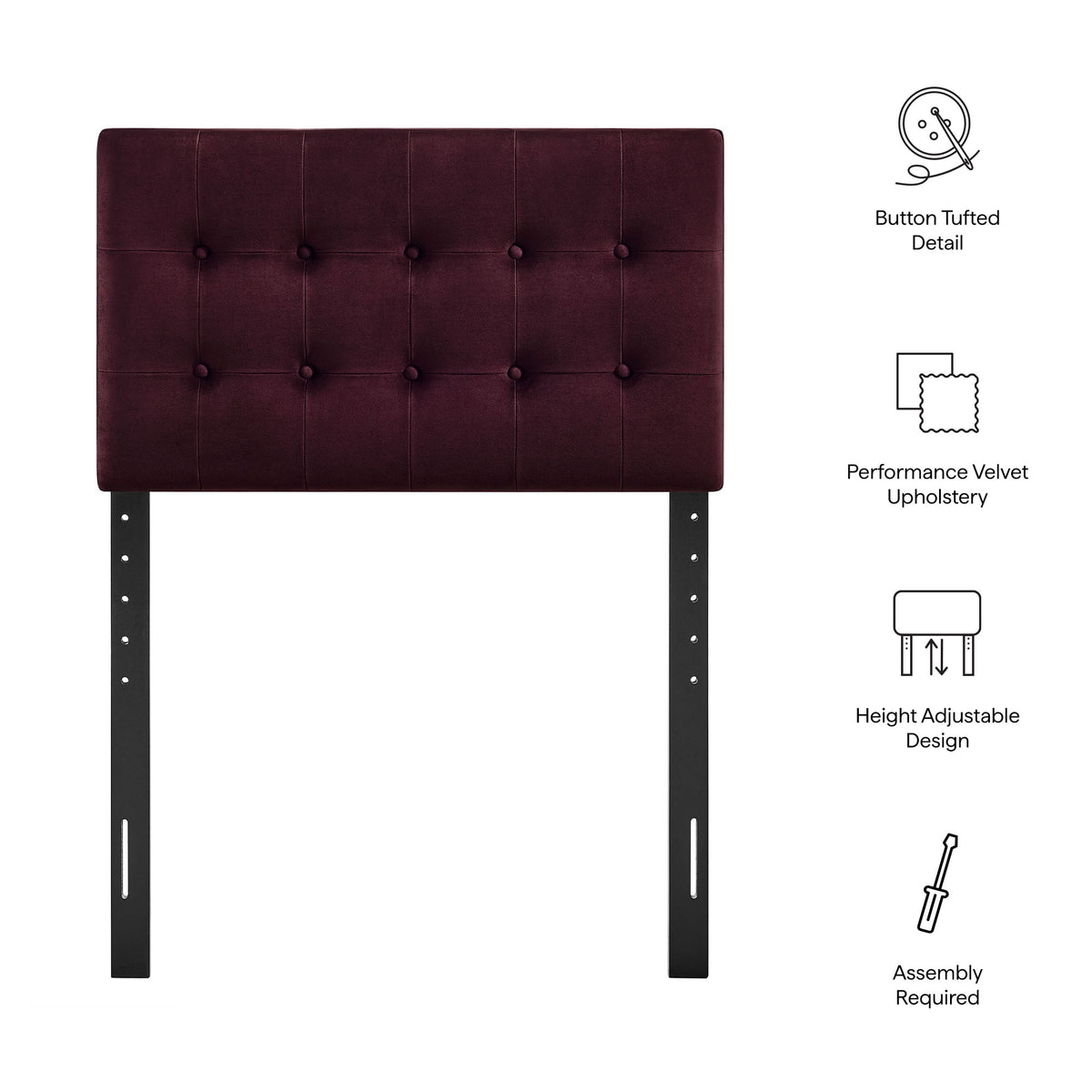Emily Stain-Resistant Performance Velvet Twin Size Headboard - Mulberry
