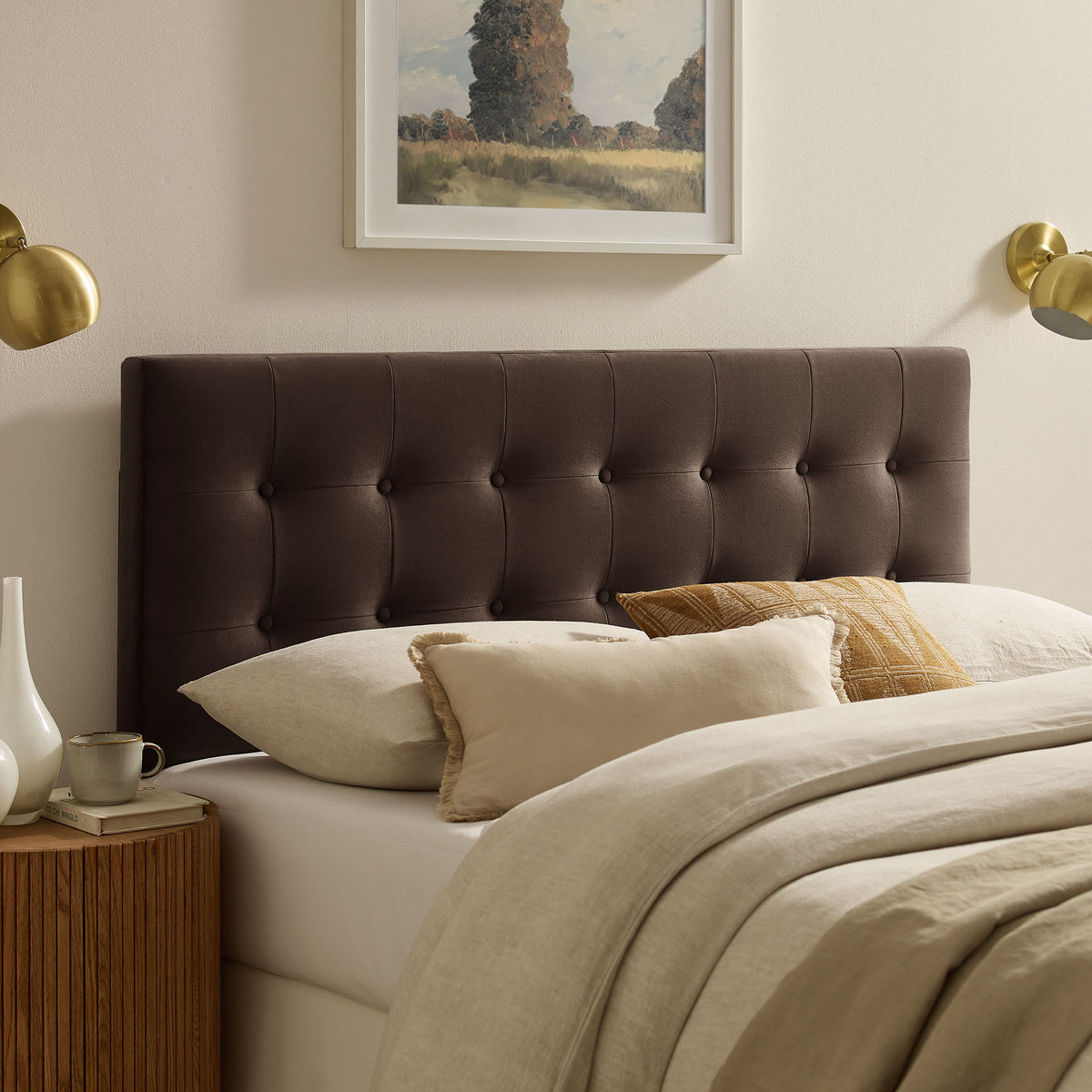 Emily Stain-Resistant Performance Velvet Queen Size Headboard - Chocolate Brown