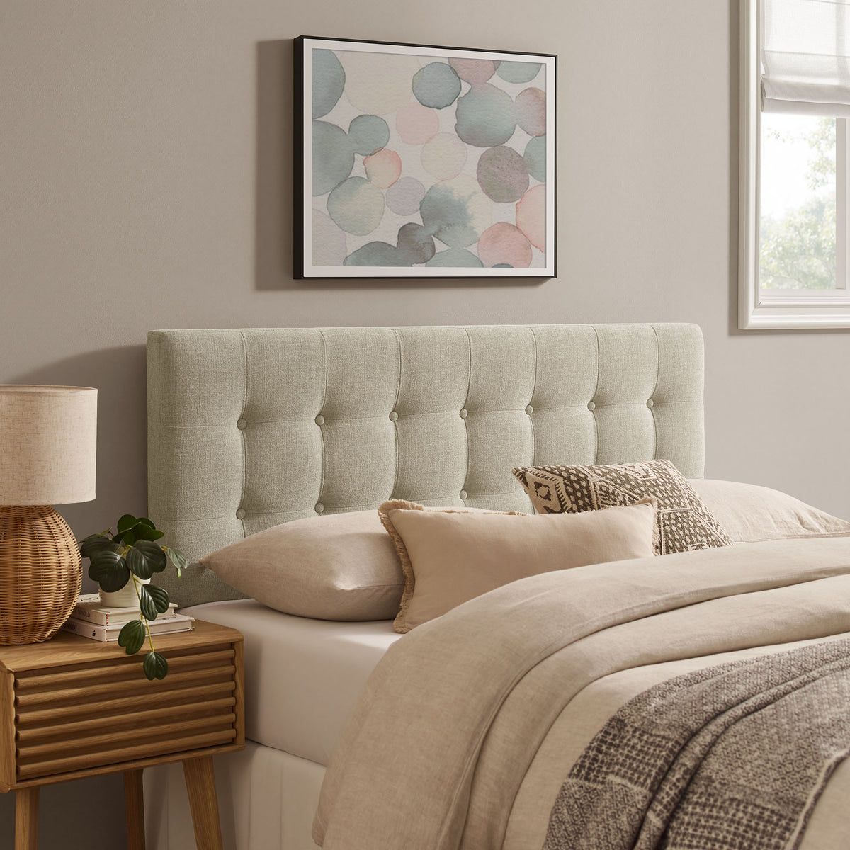 Emily Fabric Upholstered Queen Size Headboard - Linen
