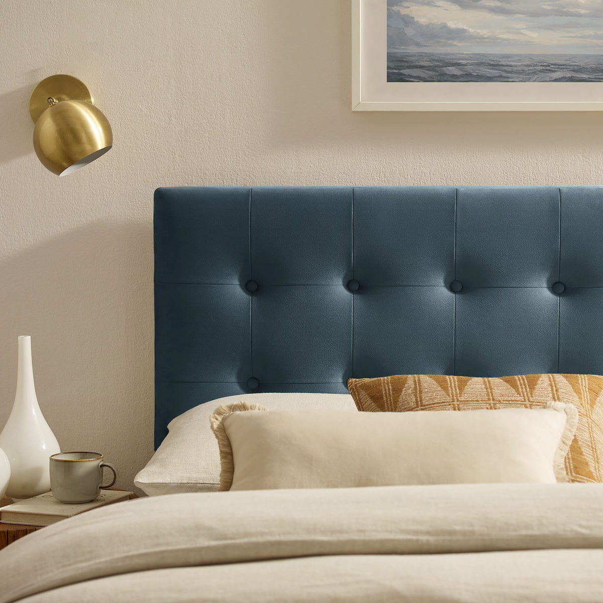 Emily Stain-Resistant Performance Velvet King Size Headboard - Cadet Blue