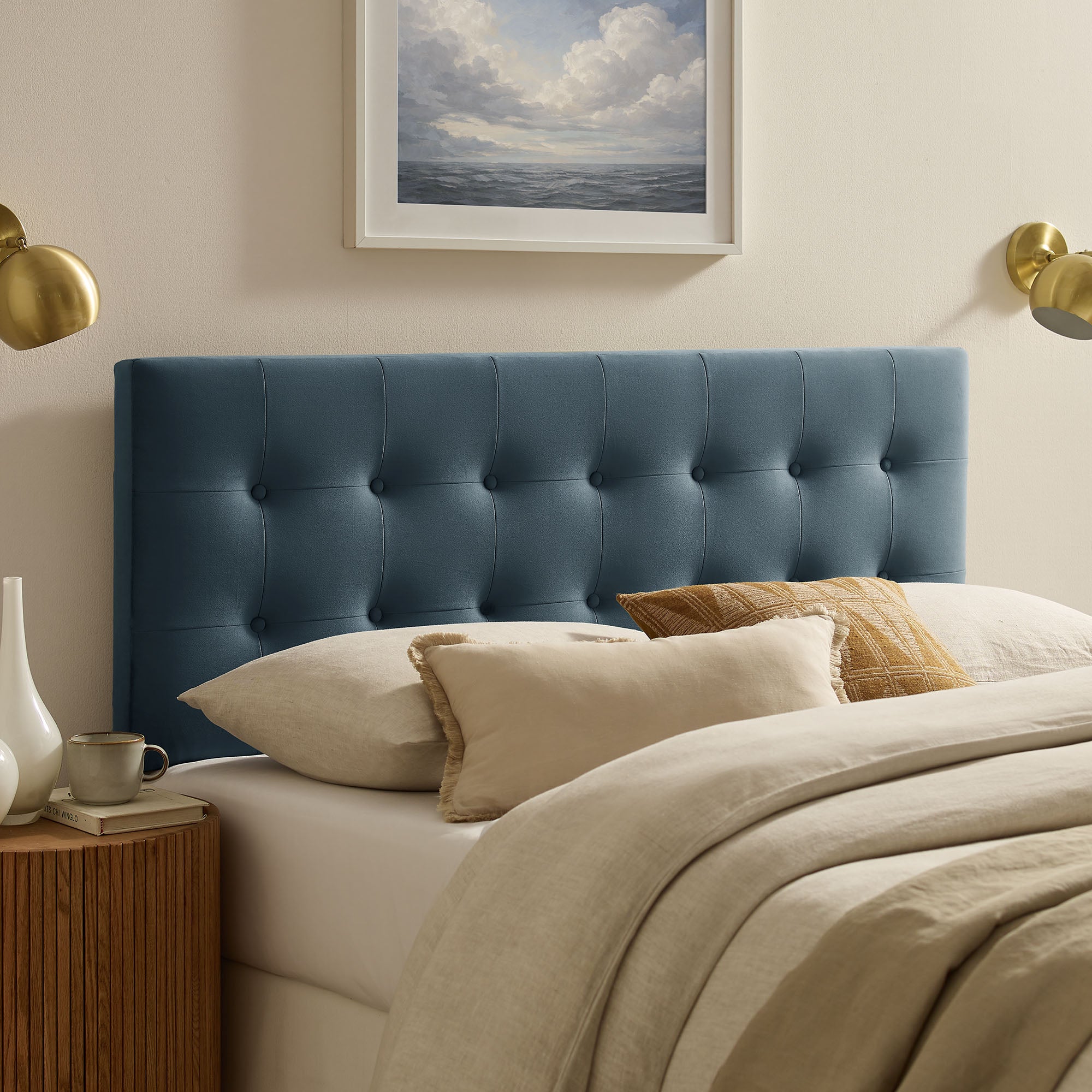 Emily Stain-Resistant Performance Velvet King Size Headboard - Cadet Blue