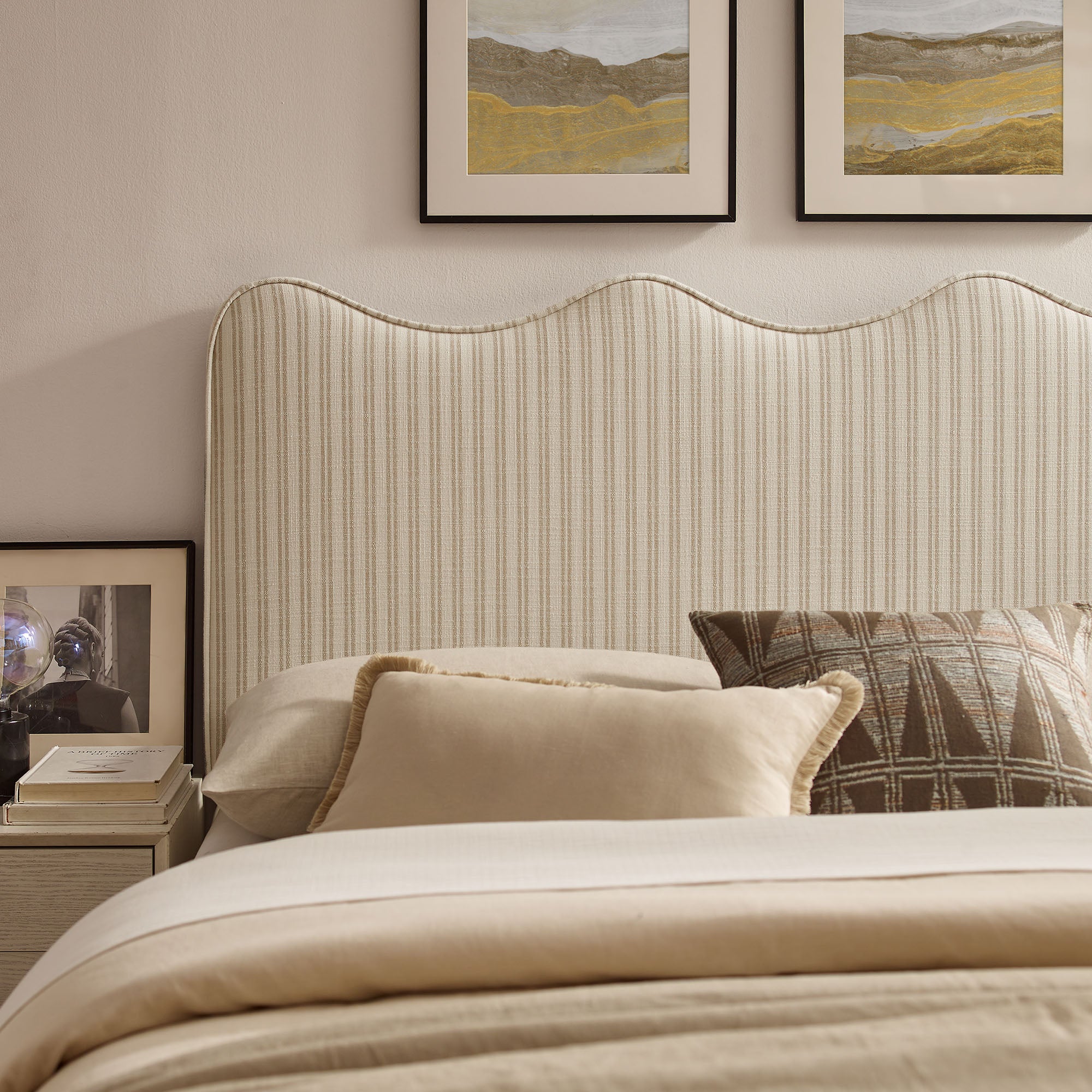 Athena Striped Fabric Upholstered Full Size Headboard - Oatmeal Stripe