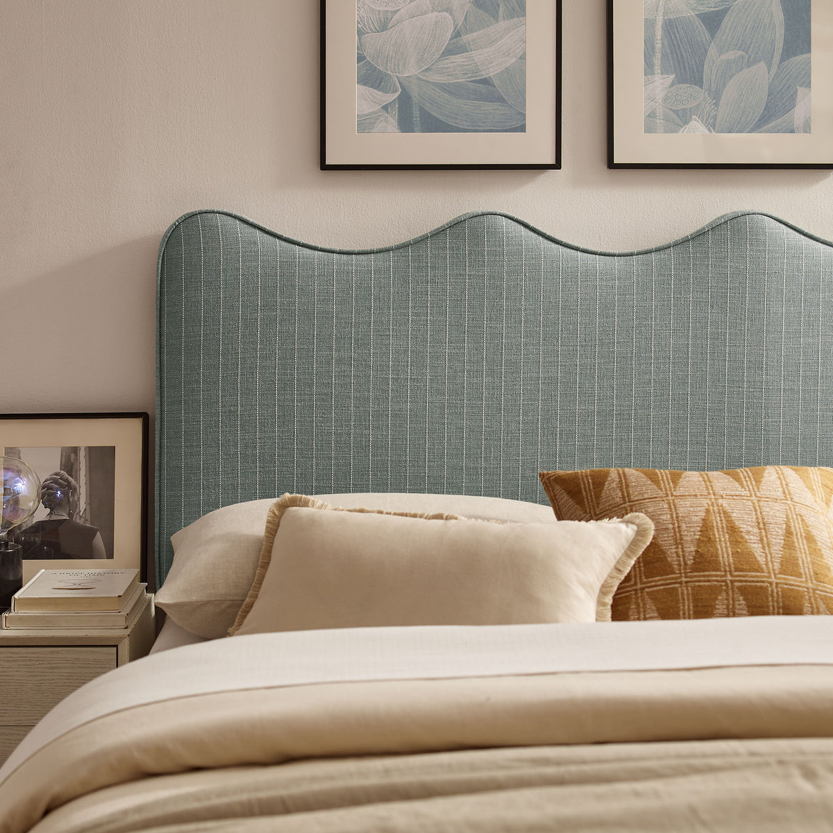 Athena Striped Fabric Upholstered Full Size Headboard - Spa Blue Stripe