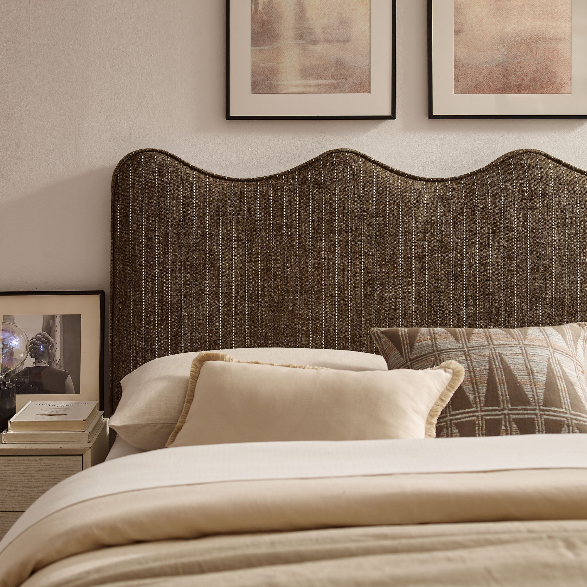 Athena Striped Fabric Upholstered Queen Size Headboard - Oatmeal Stripe (MOD-7294-ETS)
