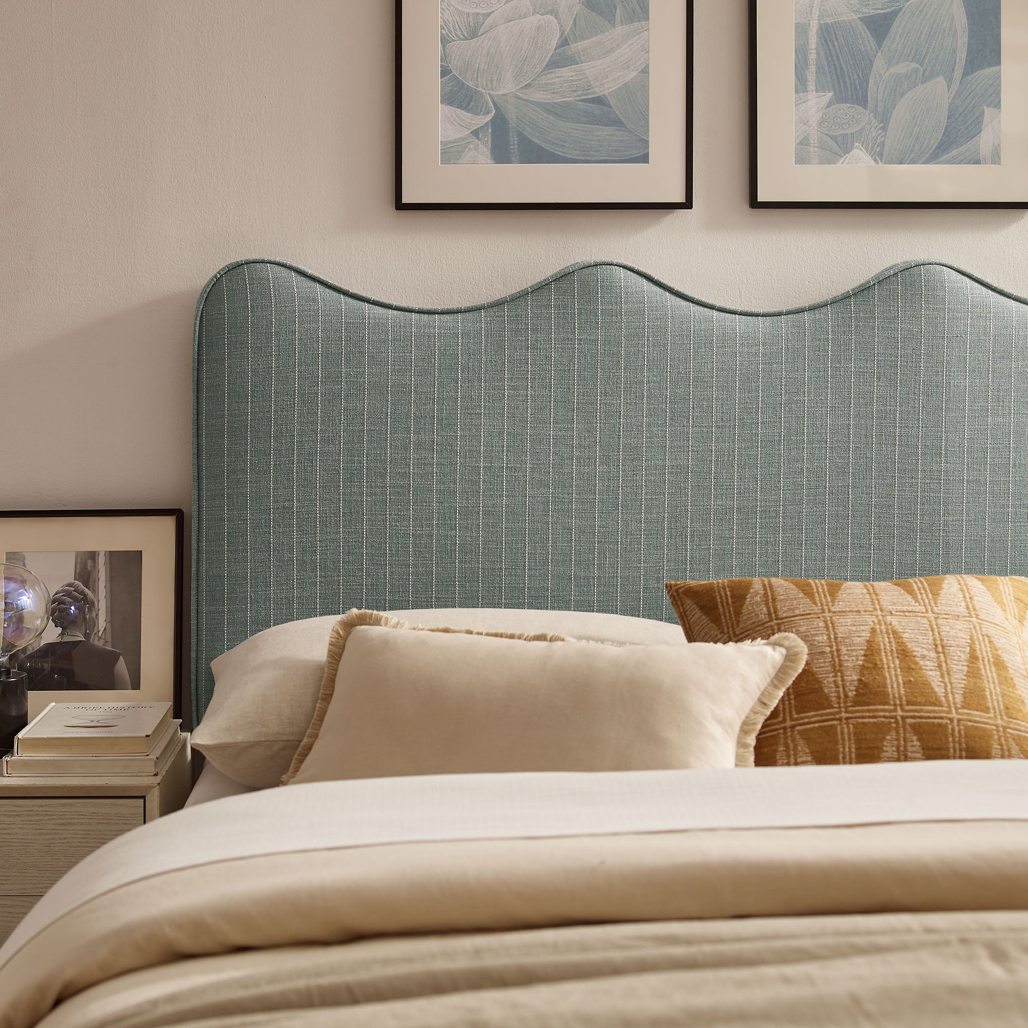 Athena Striped Fabric Upholstered Queen Size Headboard - Spa Blue Stripe