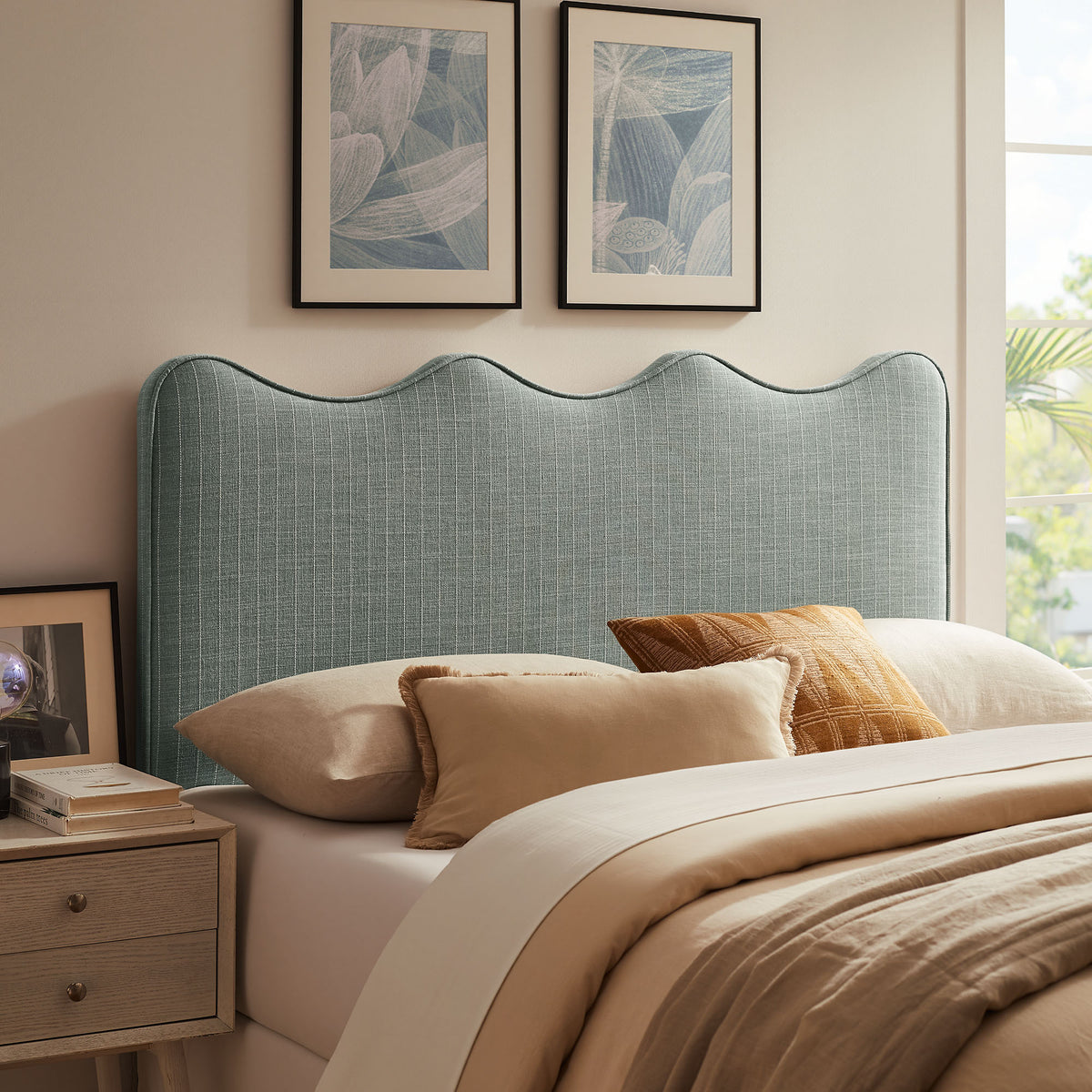 Athena Striped Fabric Upholstered Queen Size Headboard - Spa Blue Stripe