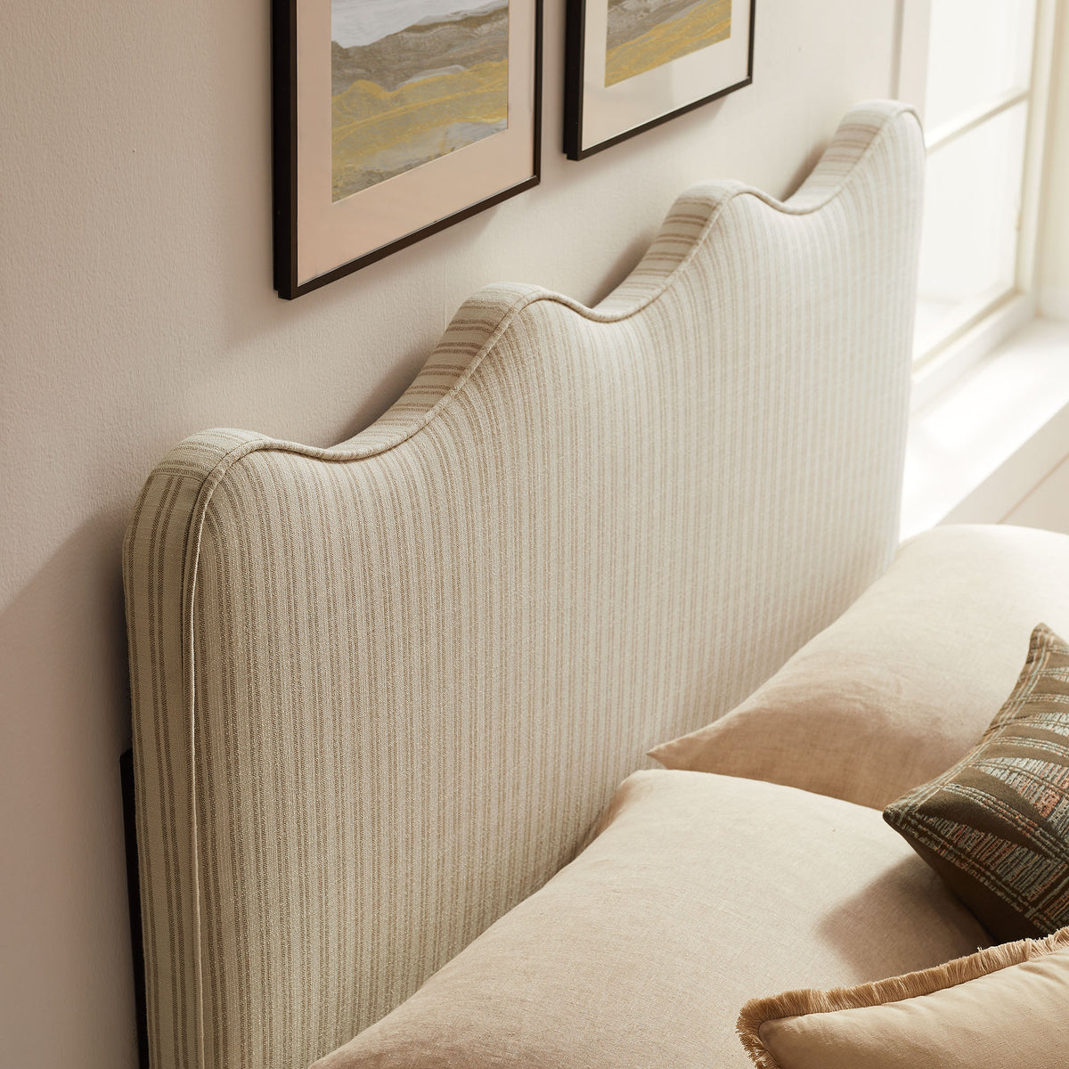 Athena Striped Fabric Upholstered King Size Headboard - Oatmeal Stripe