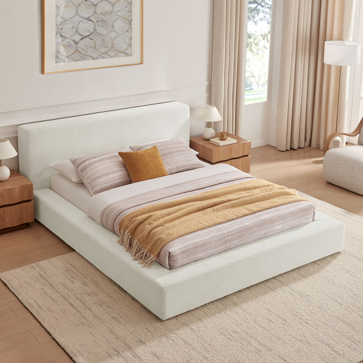 Luma Chenille Upholstered Queen Platform Bed Frame - Ivory Fabric