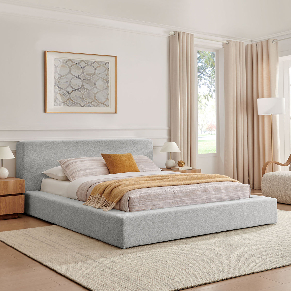 Luma Chenille Upholstered Queen Platform Bed Frame - Light Gray Fabric