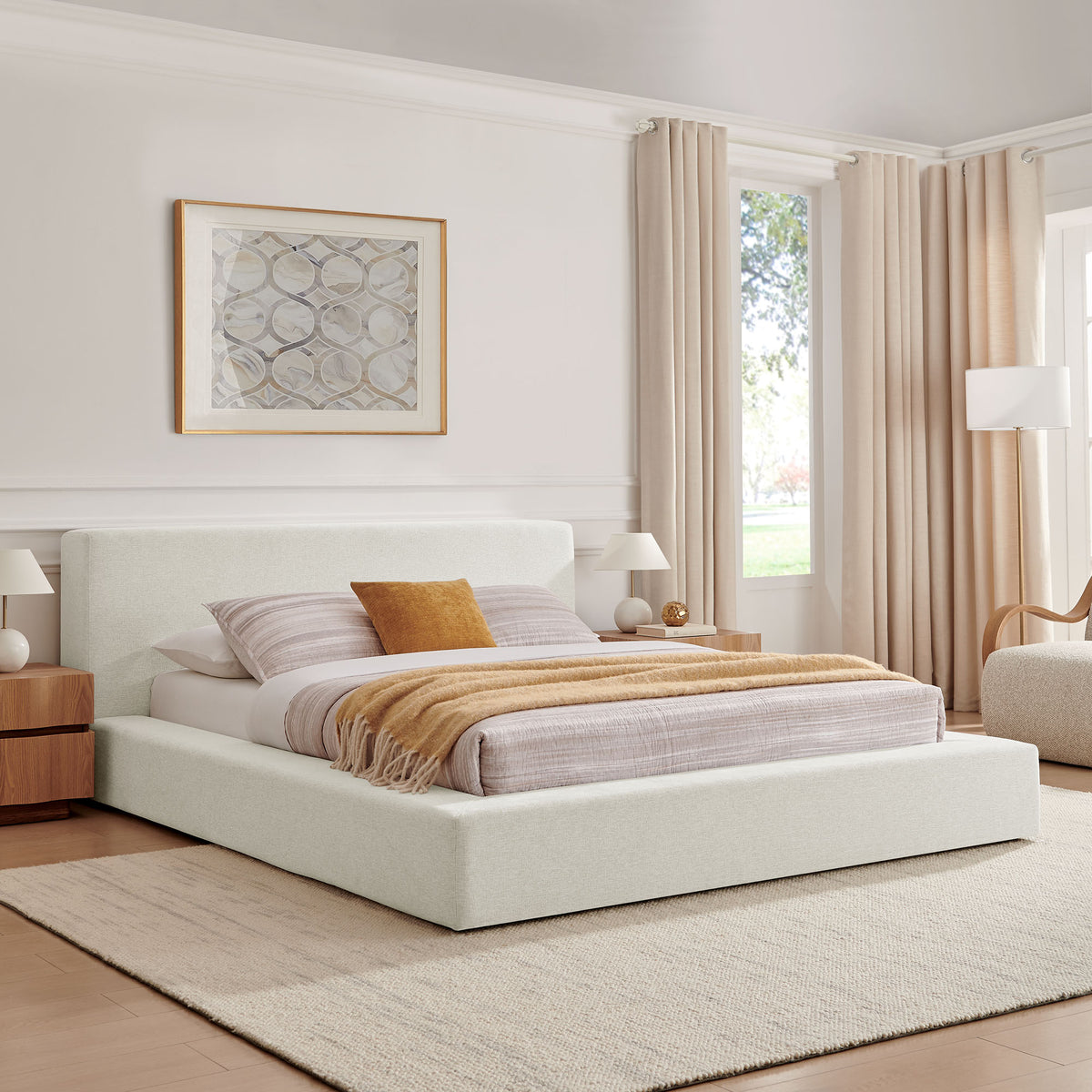 Luma Chenille Upholstered King Platform Bed Frame - Ivory Fabric