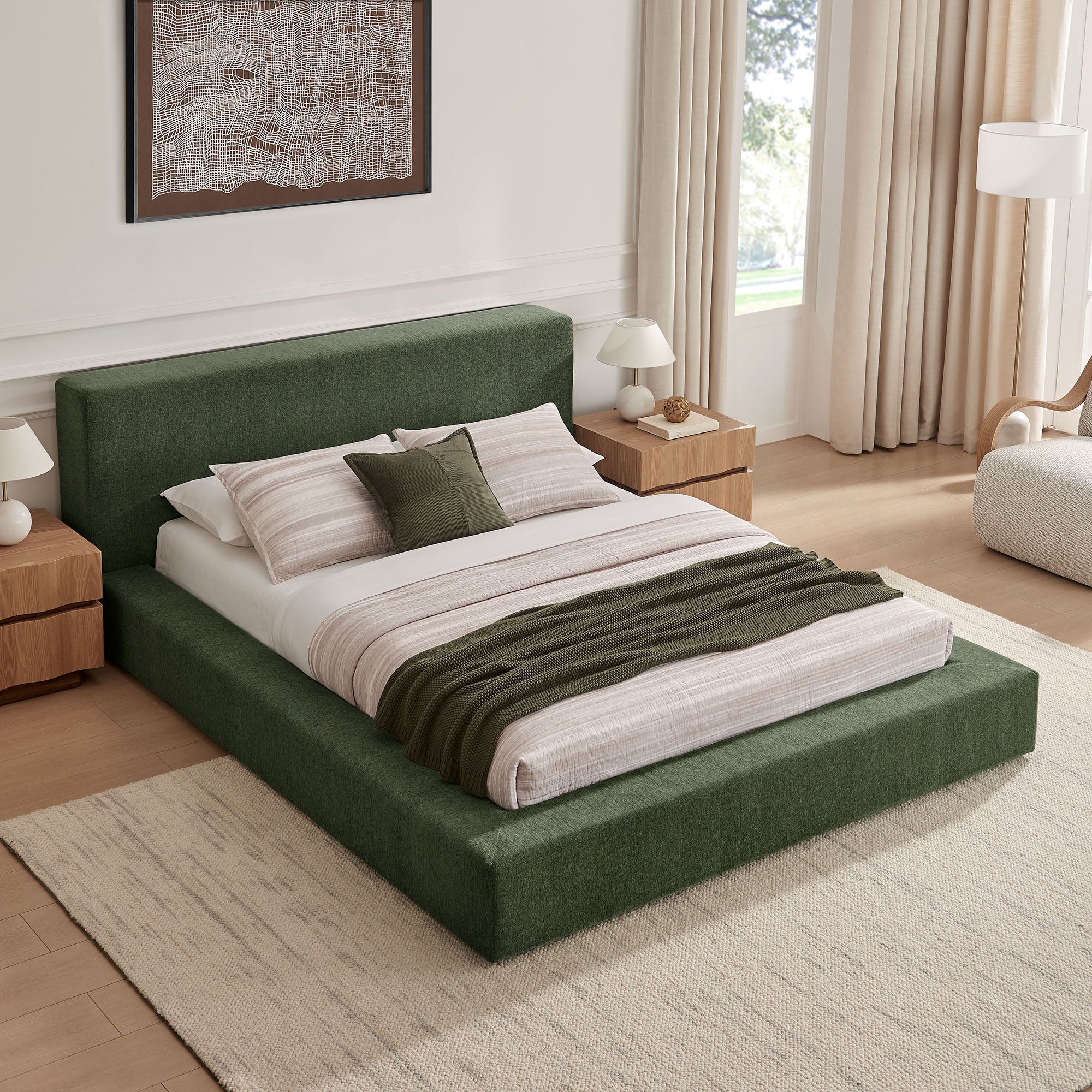 Luma Chenille Upholstered Queen Platform Bed Frame - Eucalyptus