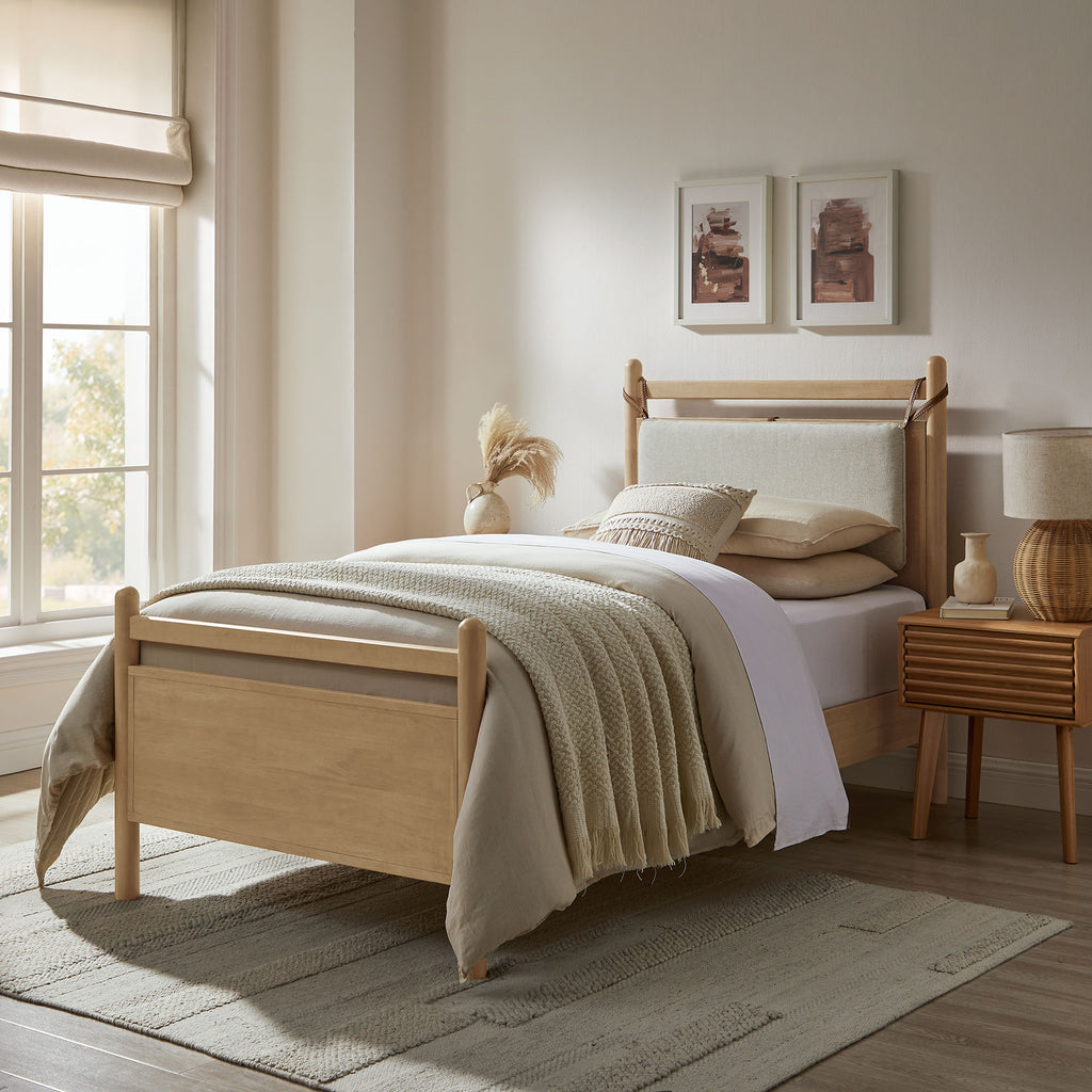 Leni Twin Size Wood Platform Bed Frame - Light Oak Heathered Ivory