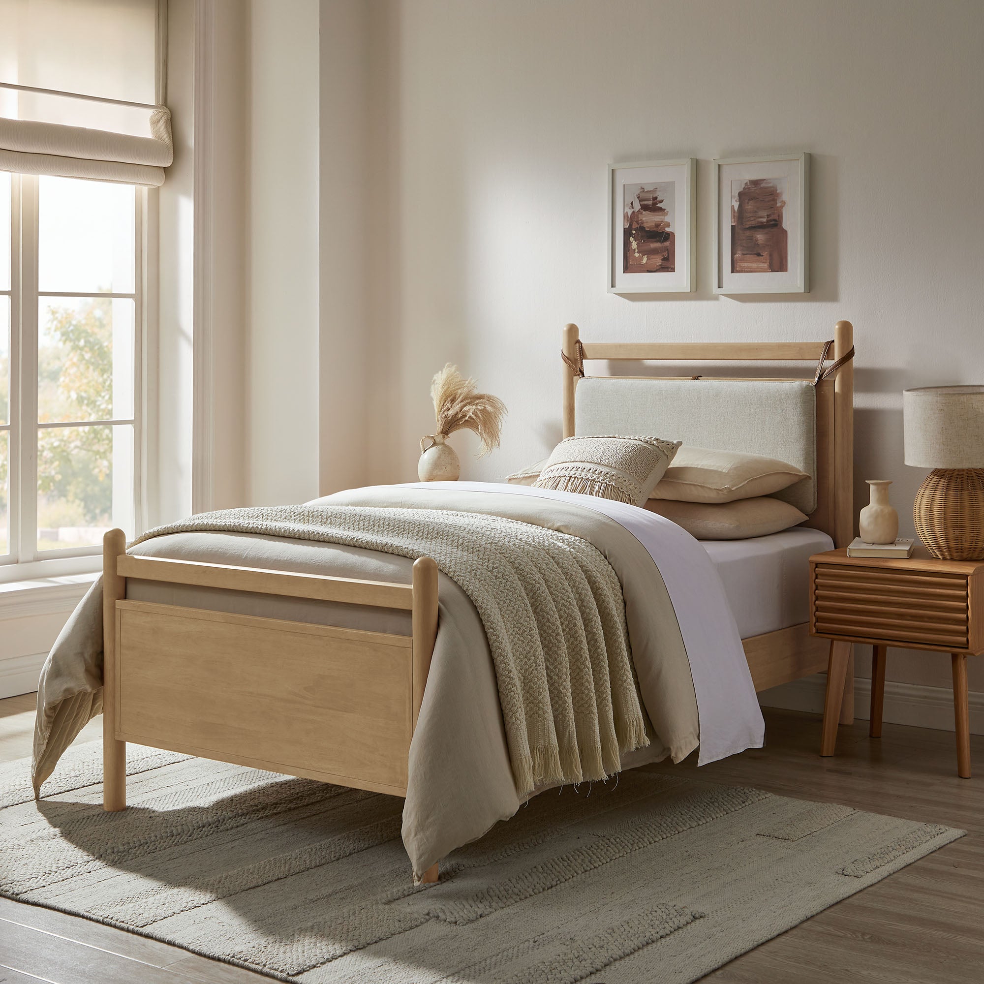 Leni Twin Size Wood Platform Bed Frame - Light Oak Heathered Ivory